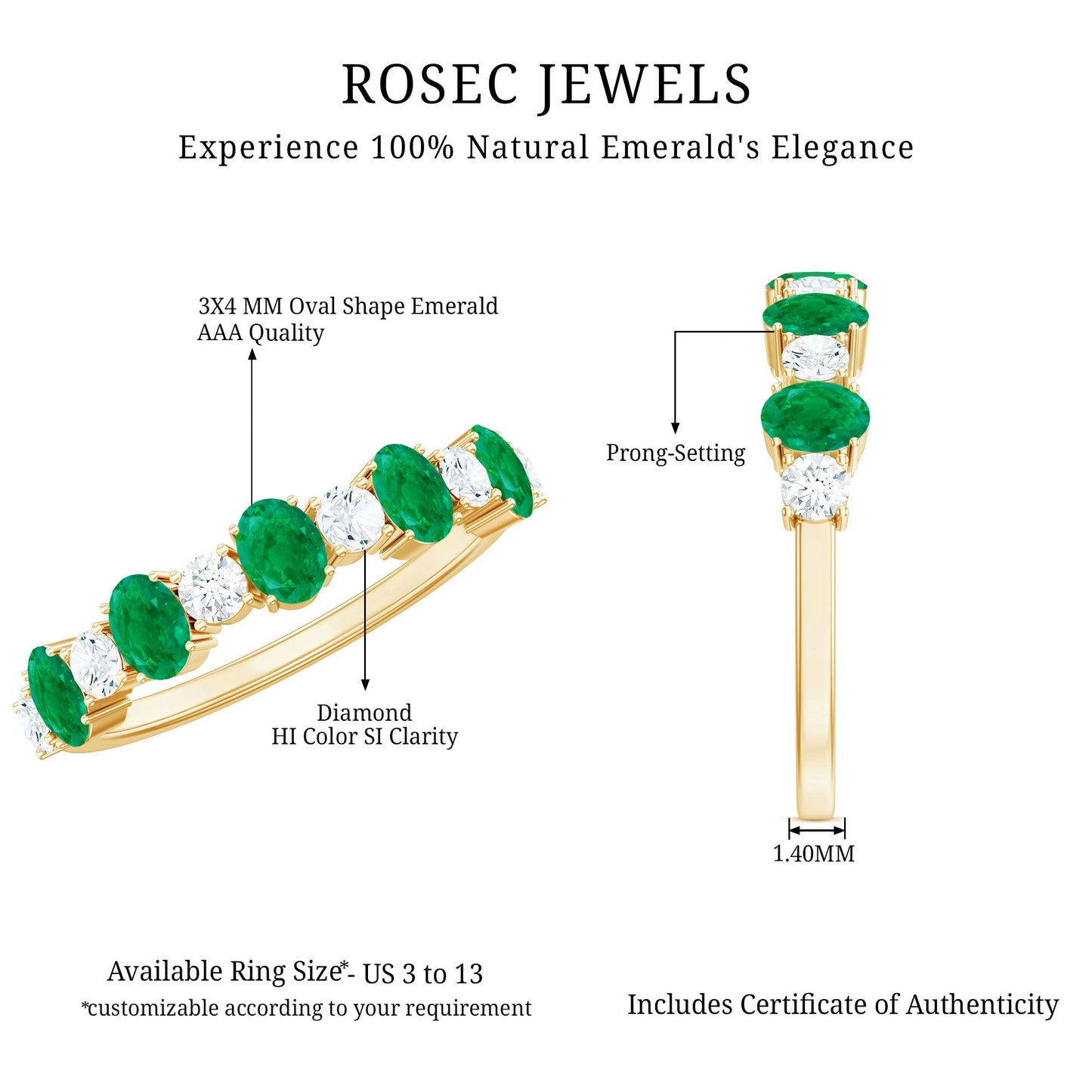 Oval Cut Emerald and Diamond Semi Eternity Ring