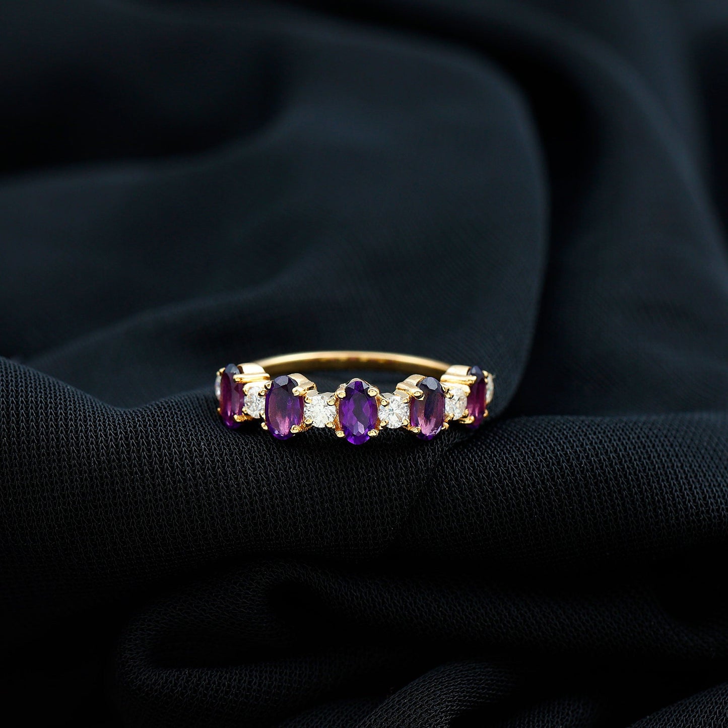 Natural Oval Amethyst Diamond Half Eternity Ring for Women