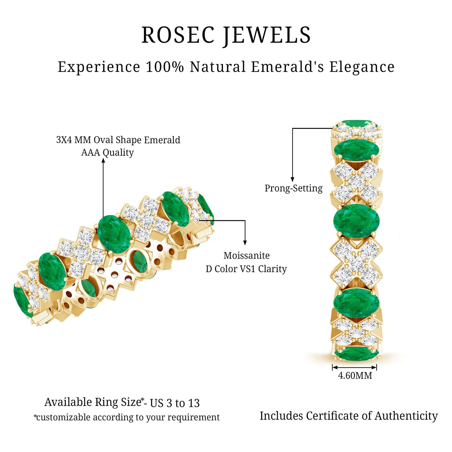 Natural Emerald and Moissanite Designer Eternity Band