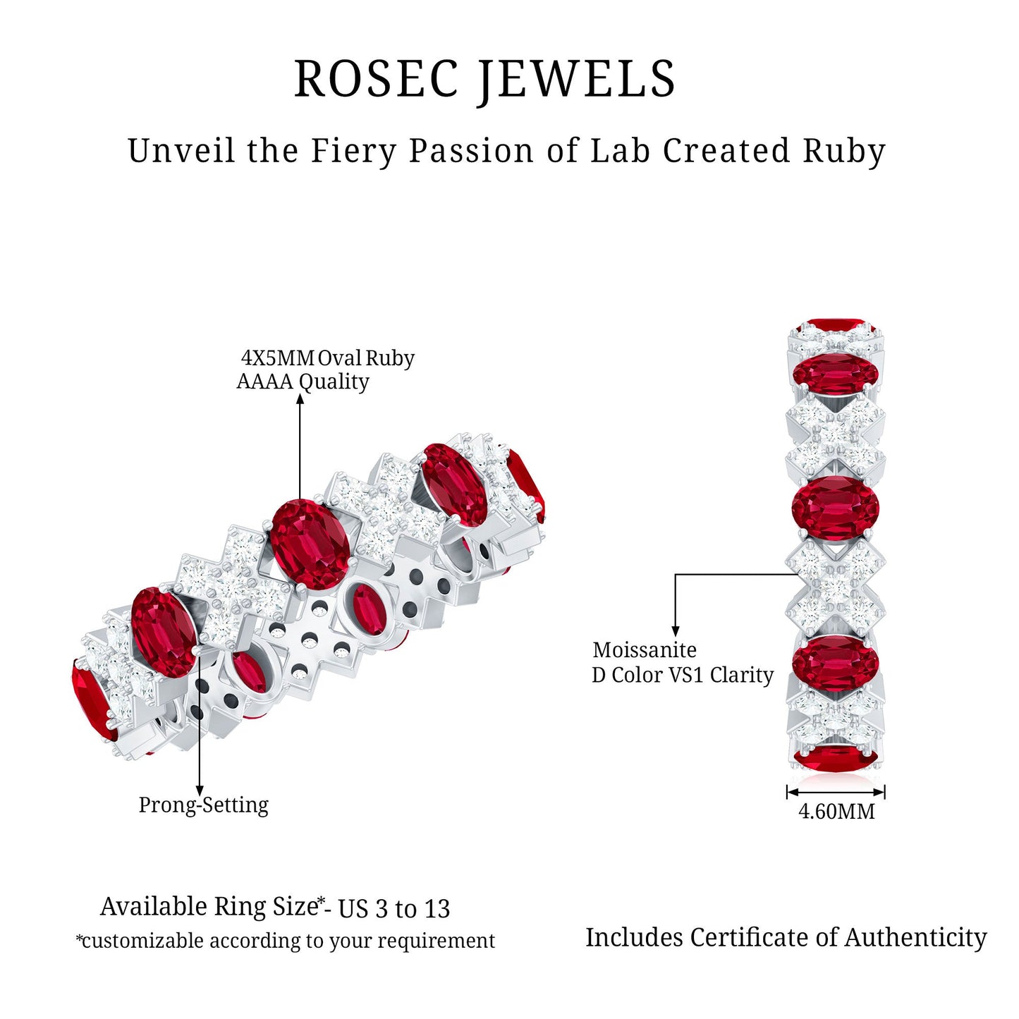 Certified Lab Grown Ruby Eternity Band Ring with Moissanite