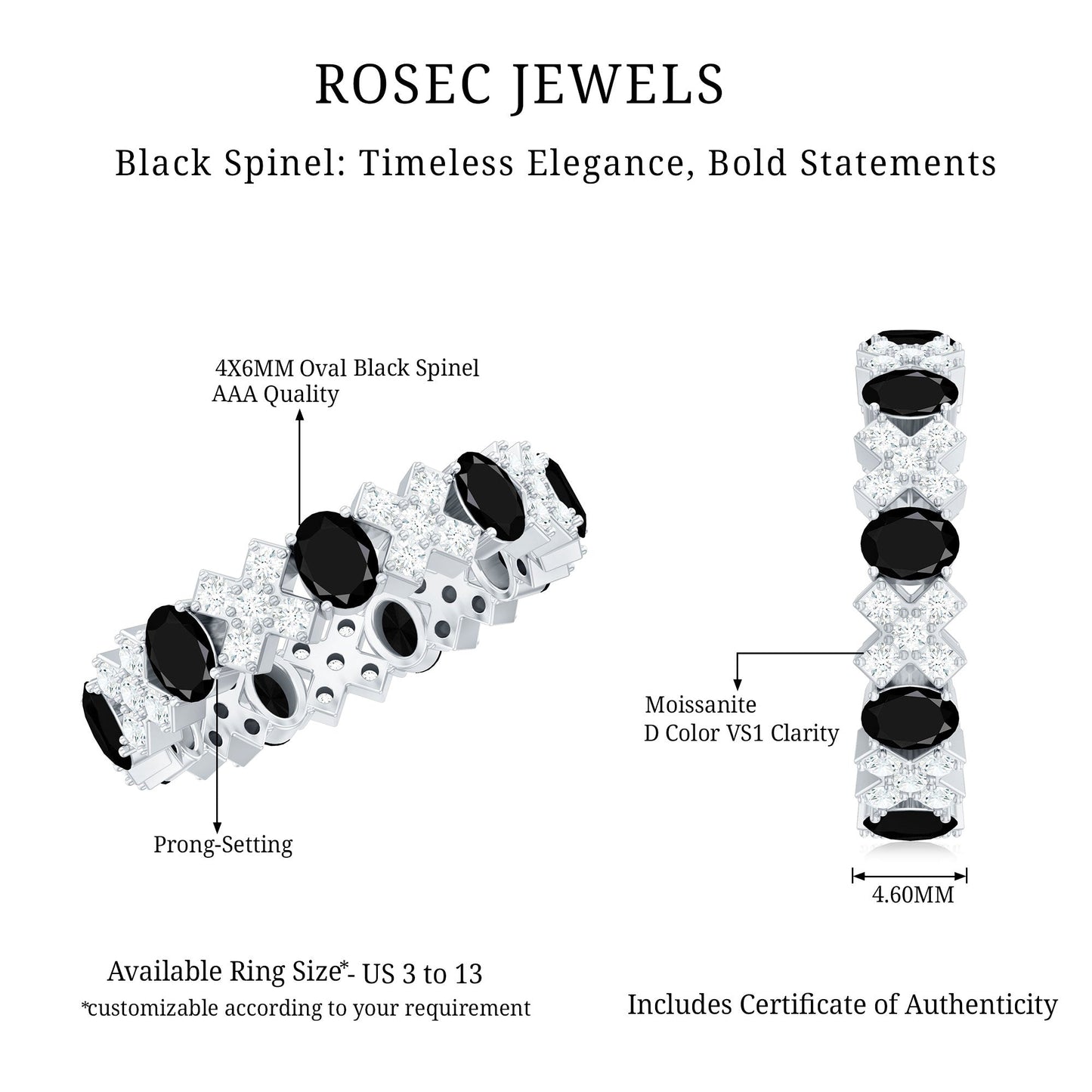 Certified Real Black Spinel Eternity Ring with Moissanite