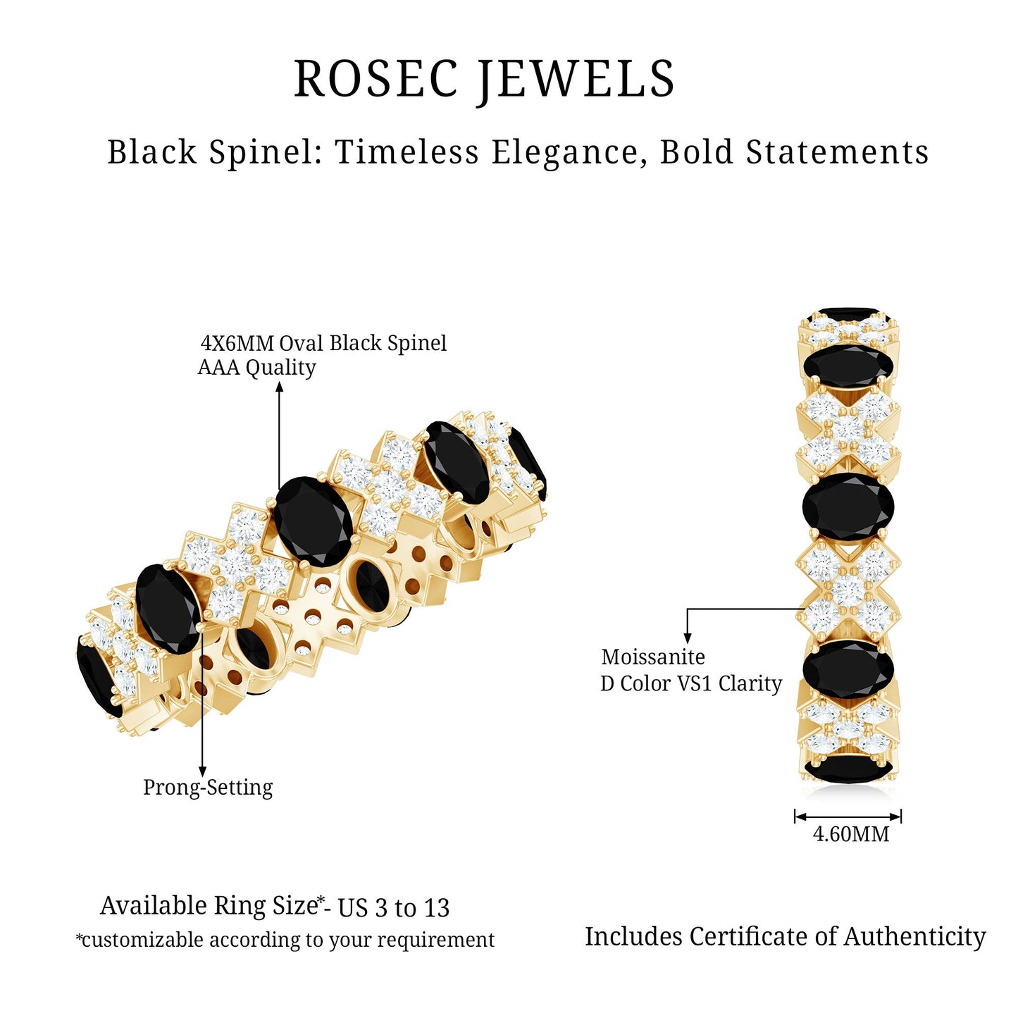 Certified Real Black Spinel Eternity Ring with Moissanite