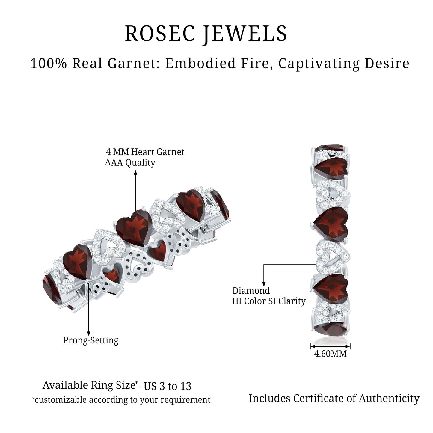 Natural Garnet Diamond Heart Eternity Ring for Anniversary