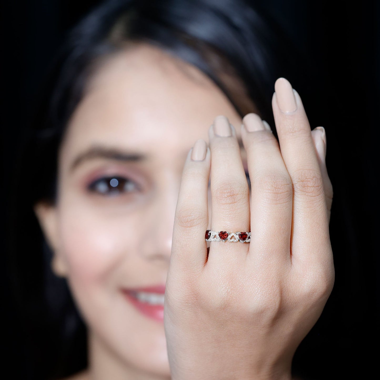 Natural Garnet Diamond Heart Eternity Ring for Anniversary