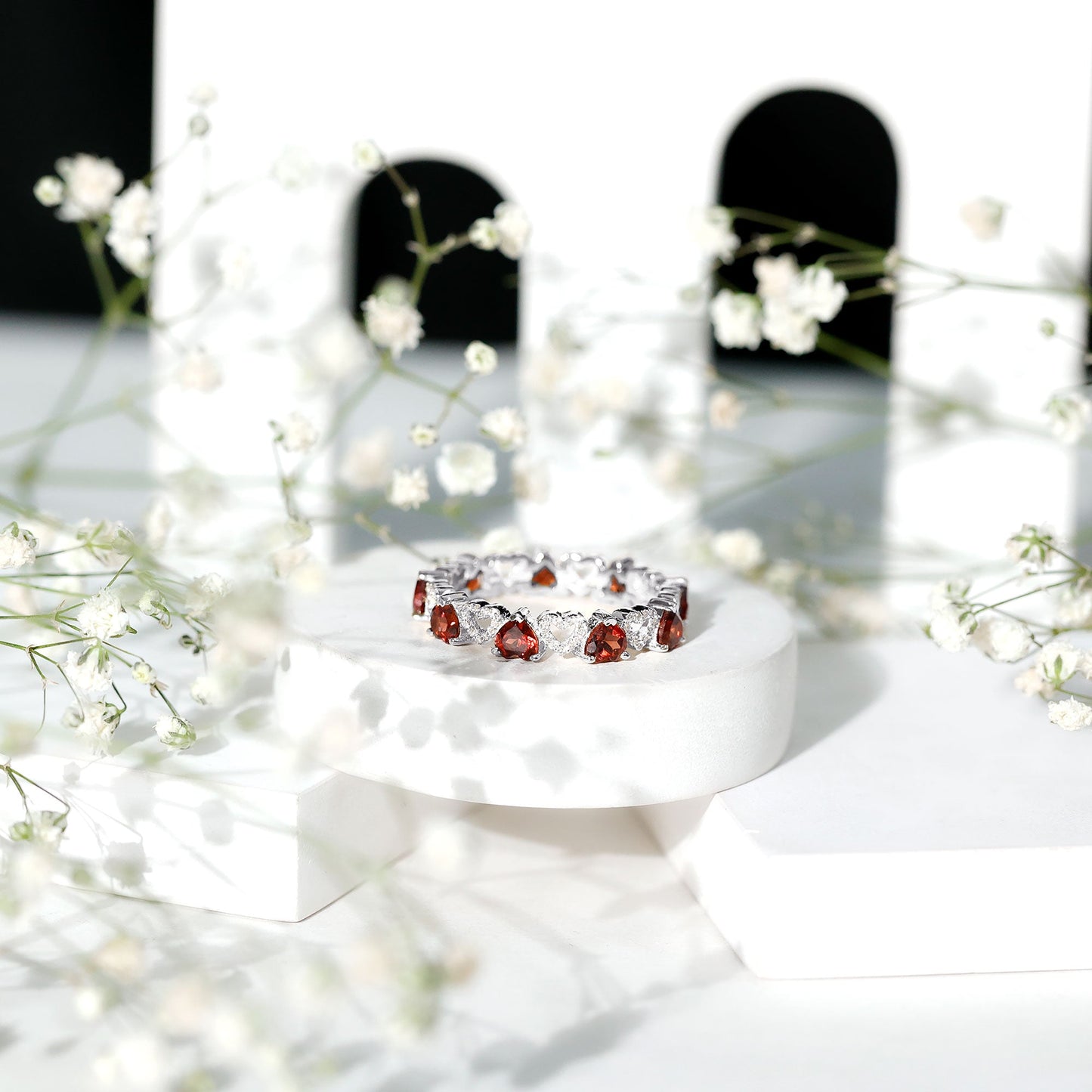 Natural Garnet Diamond Heart Eternity Ring for Anniversary