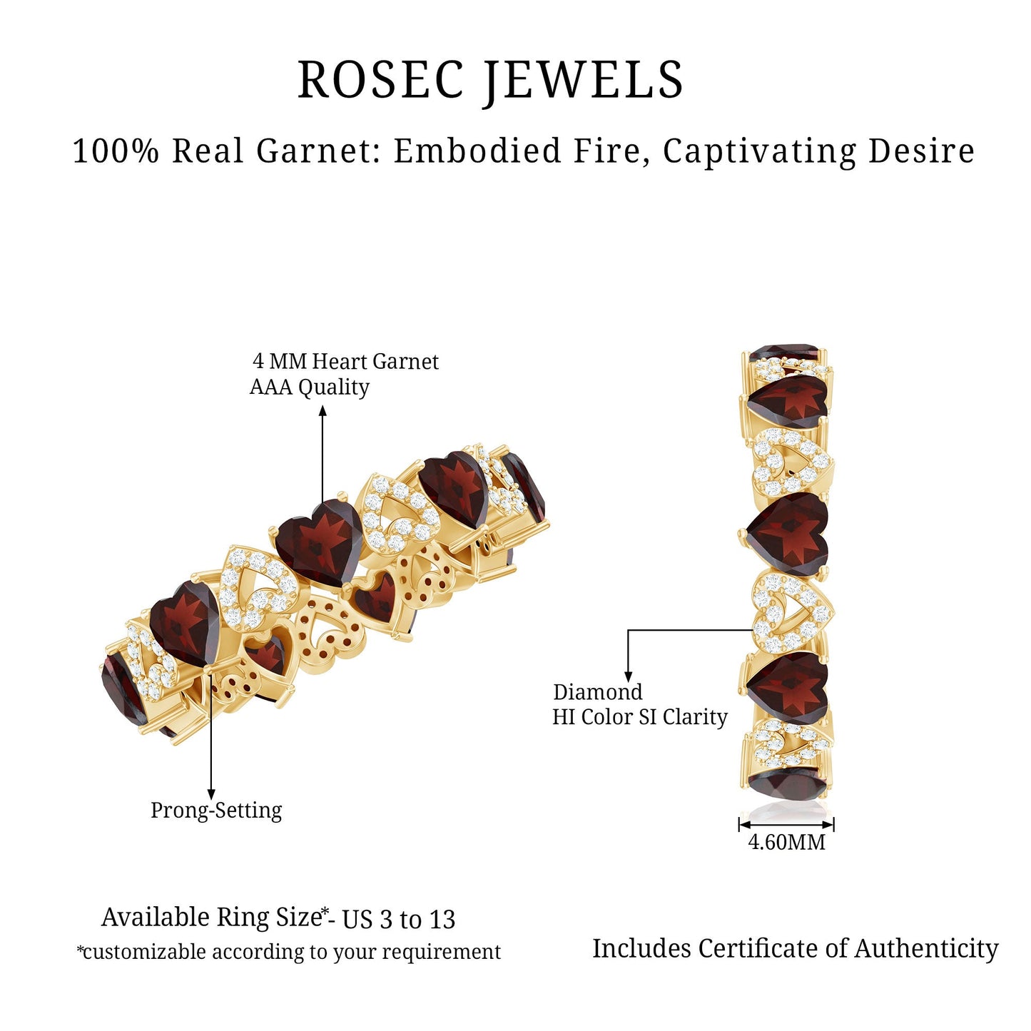 Natural Garnet Diamond Heart Eternity Ring for Anniversary