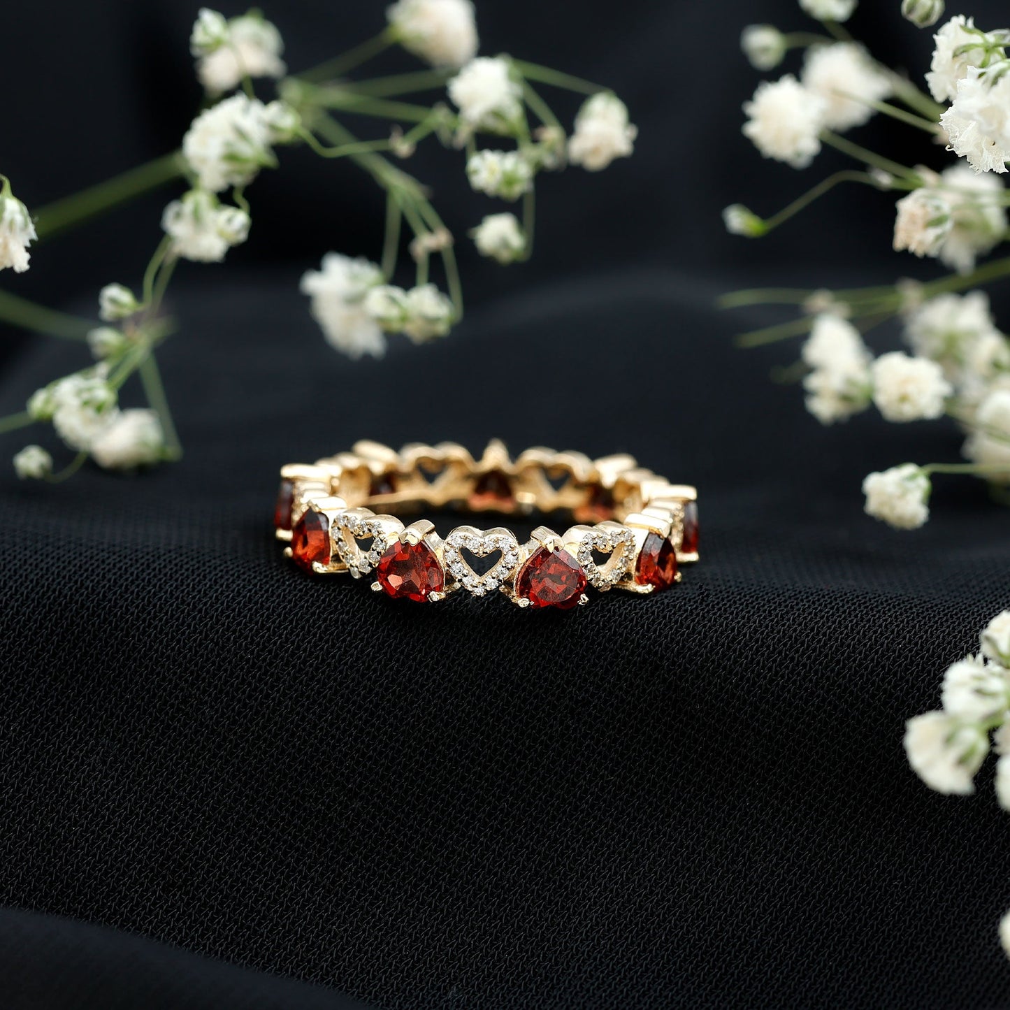Natural Garnet Diamond Heart Eternity Ring for Anniversary