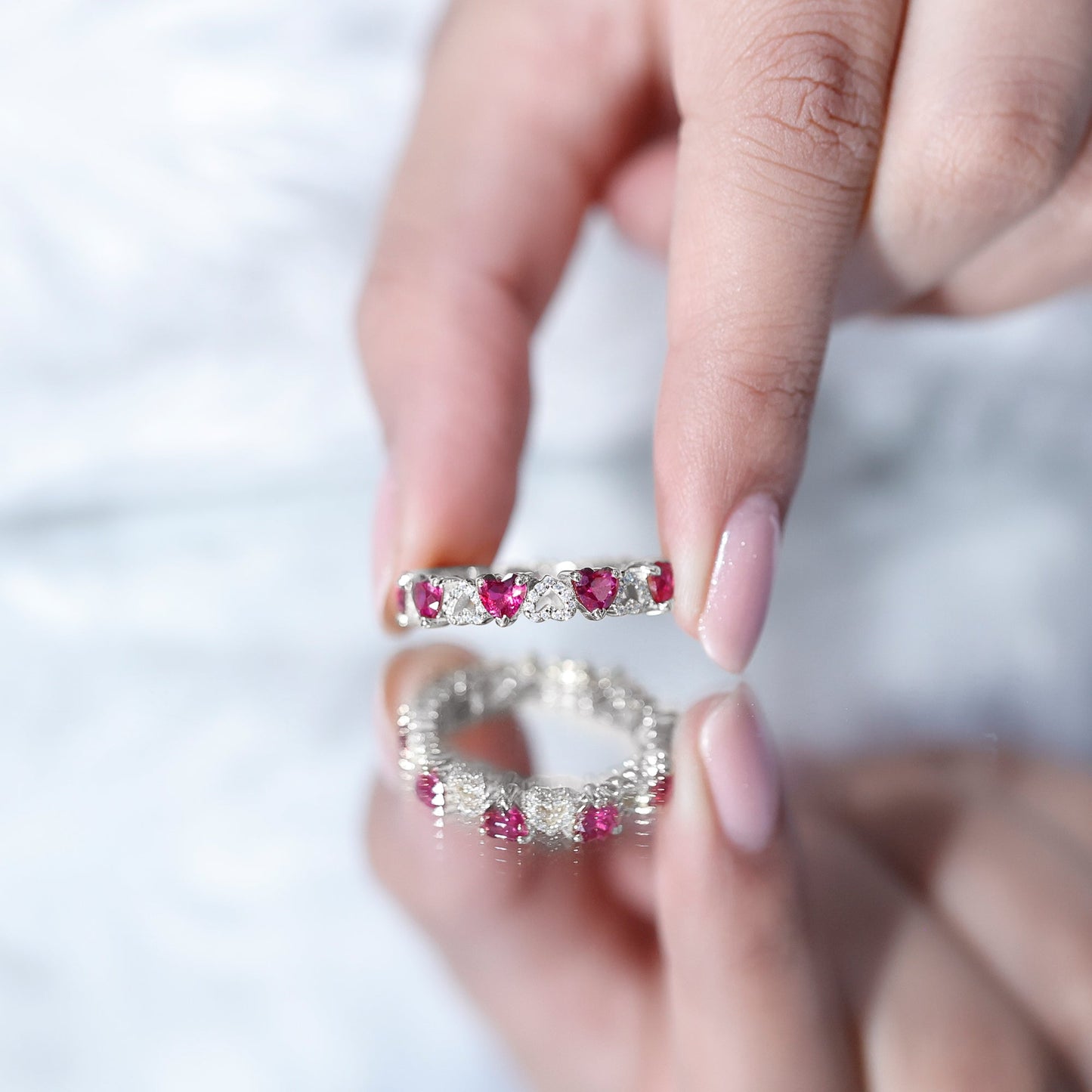 Lab-Created Ruby and Diamond Heart Eternity Band Ring