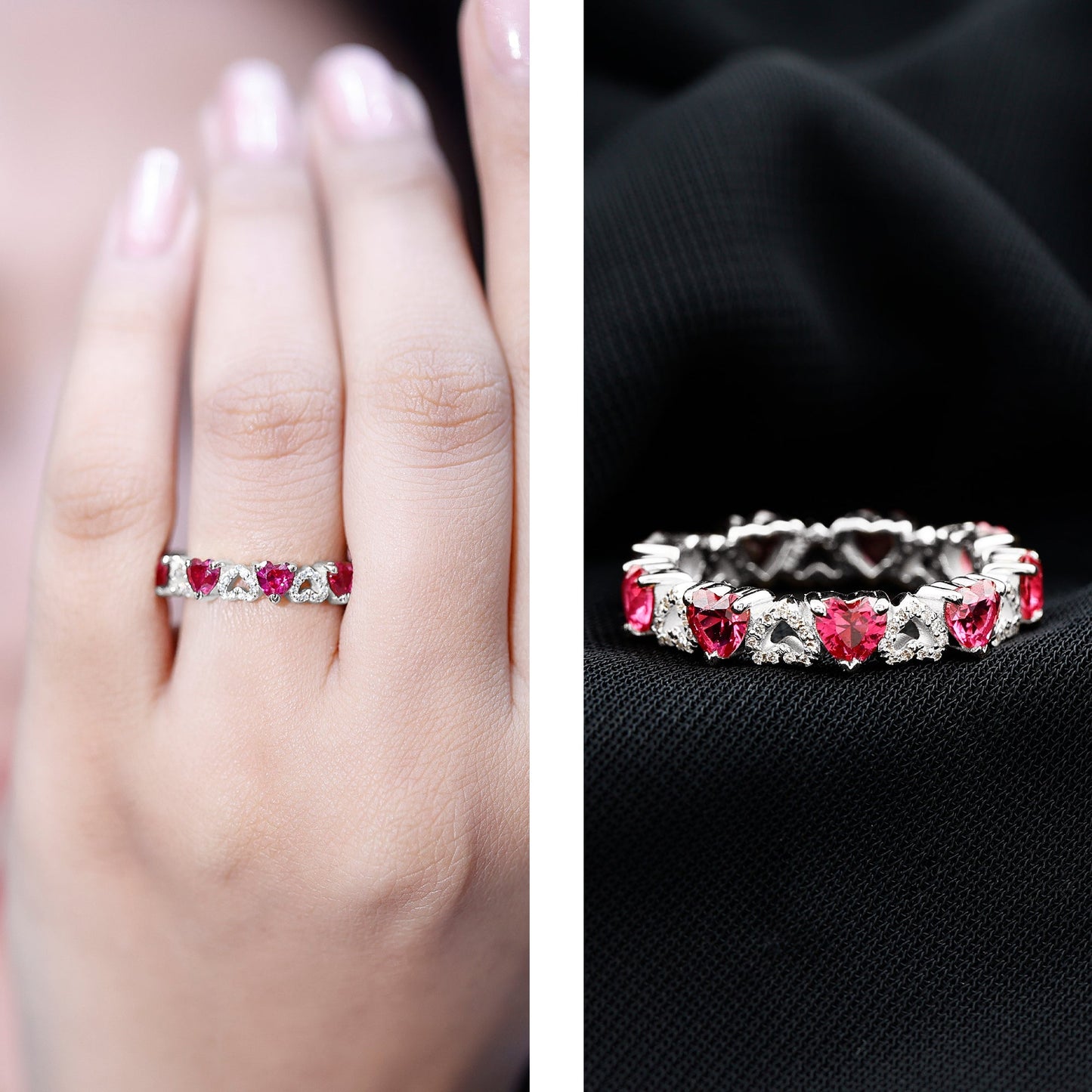 Lab-Created Ruby and Diamond Heart Eternity Band Ring