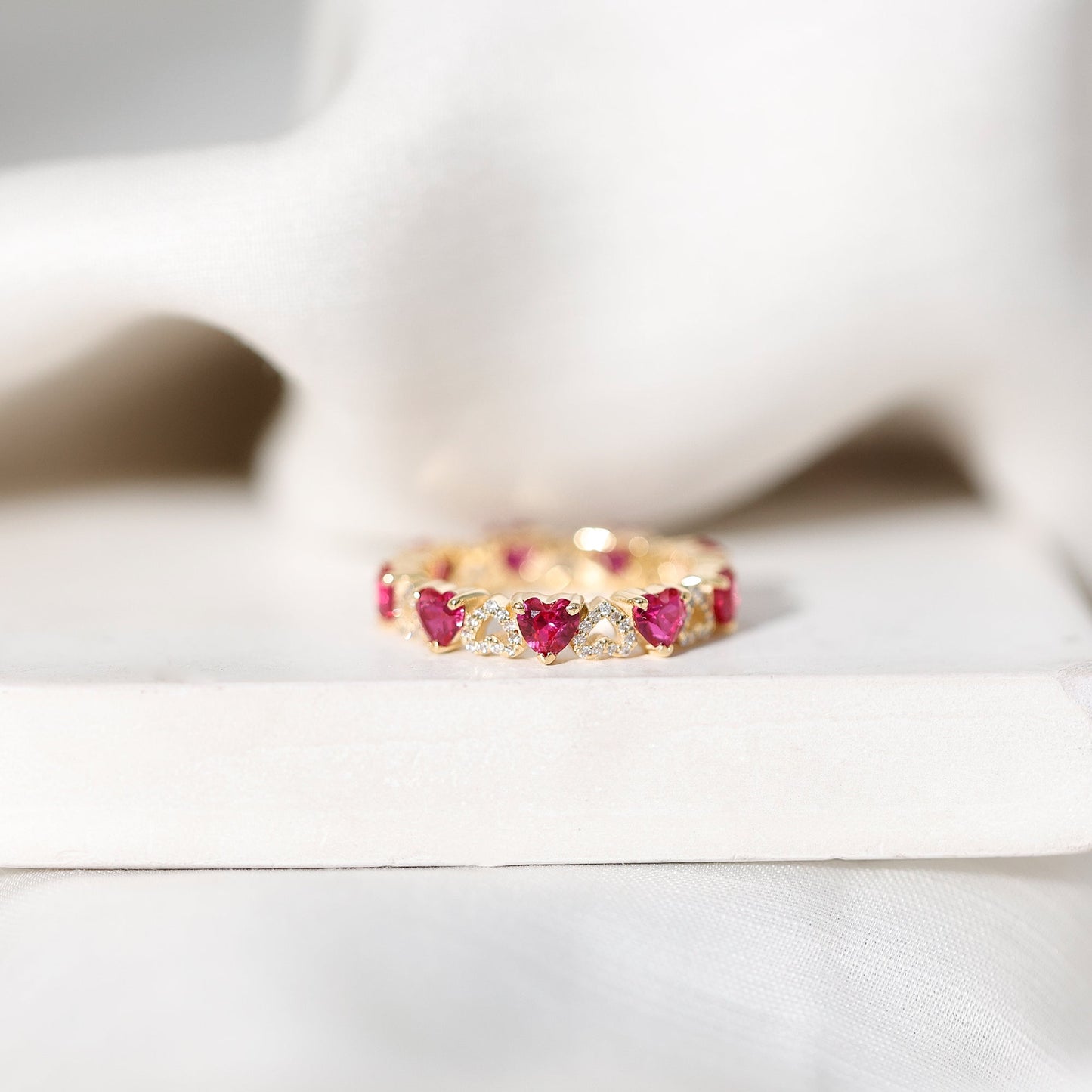 Lab-Created Ruby and Diamond Heart Eternity Band Ring