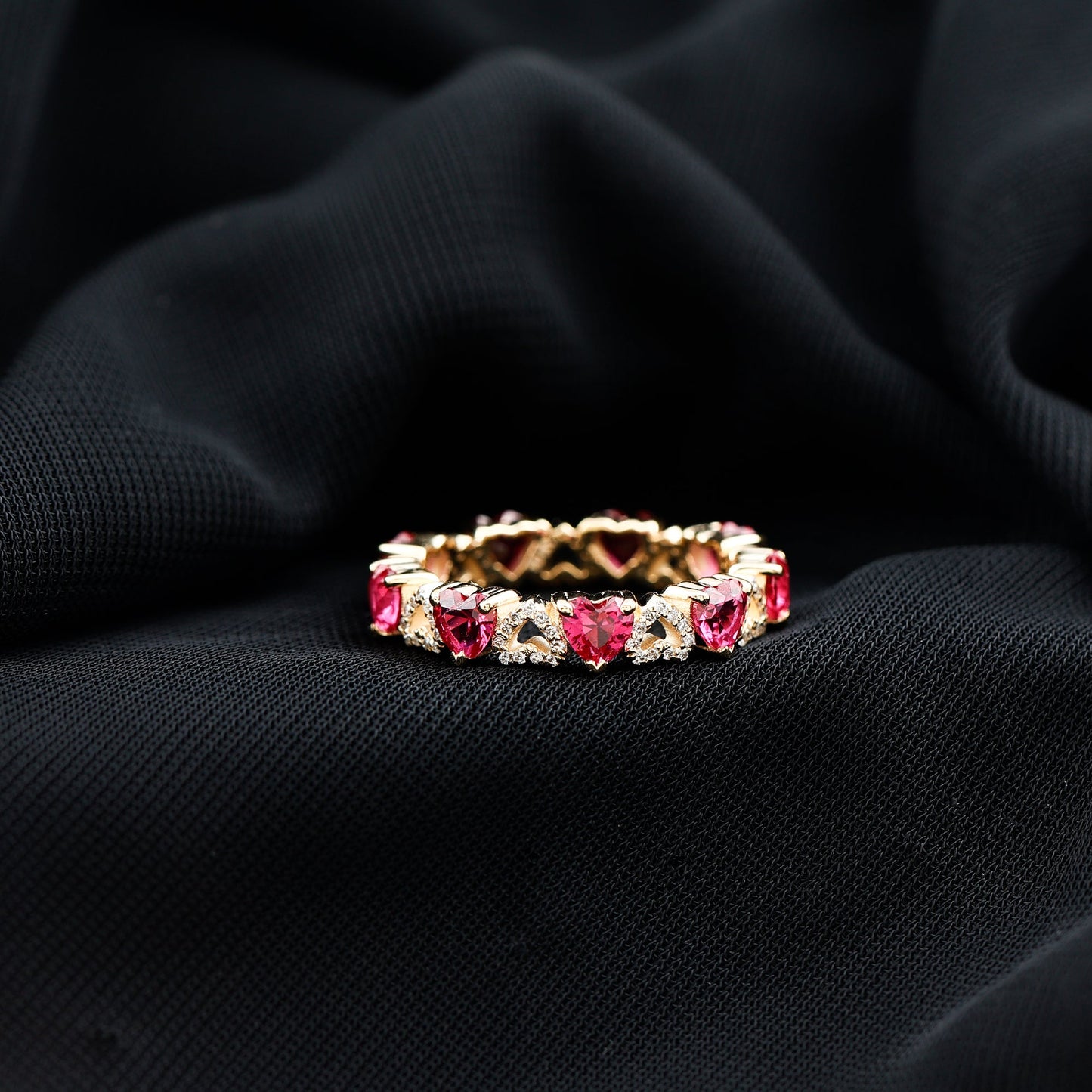 Lab-Created Ruby and Diamond Heart Eternity Band Ring