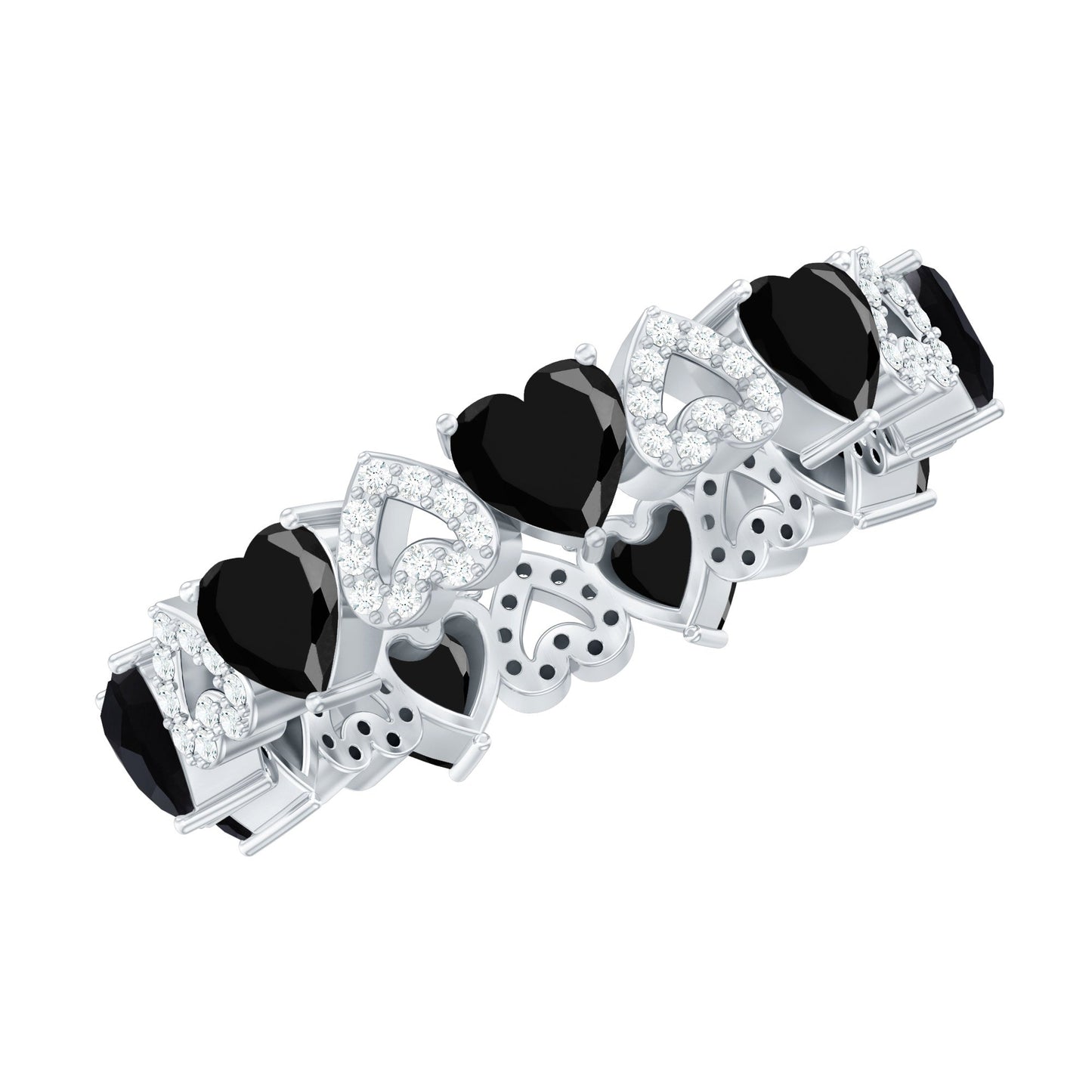 Genuine Black Onyx and Diamond Heart Wedding Band