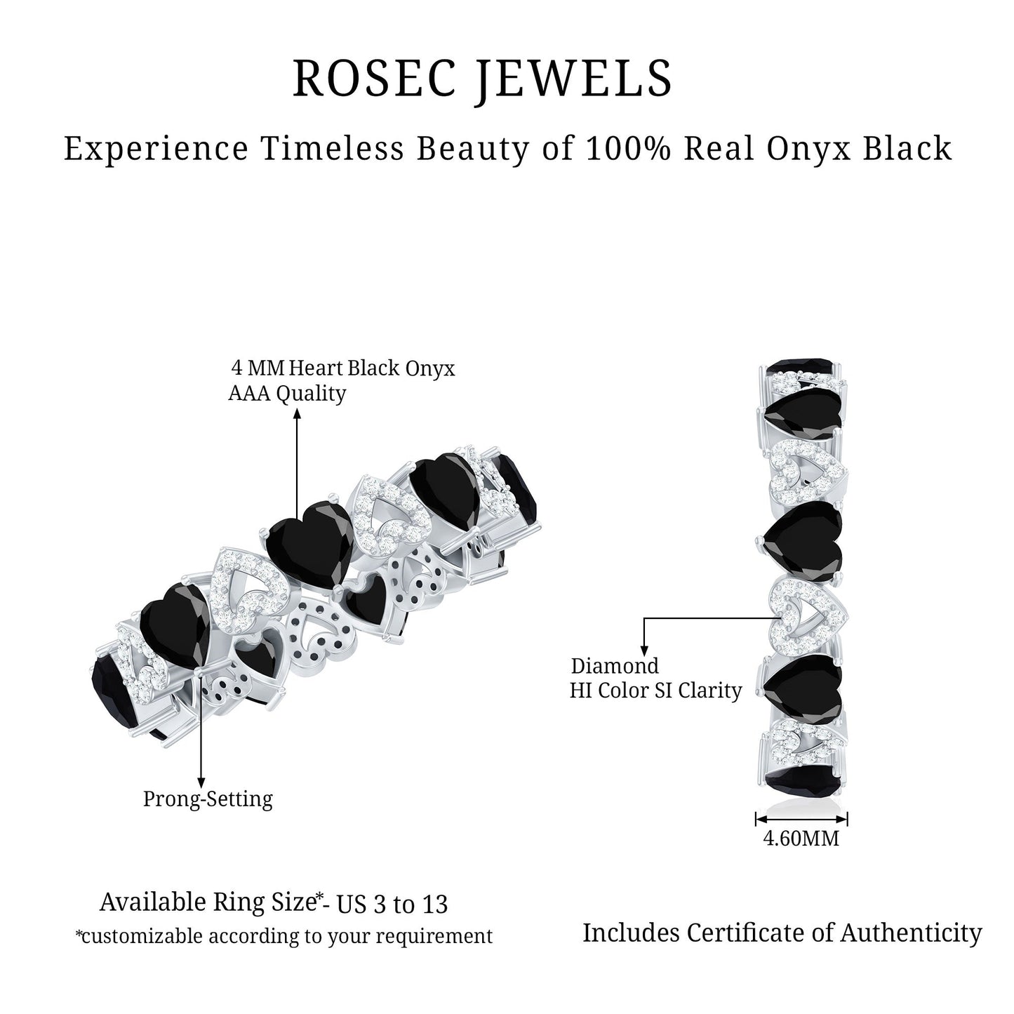 Genuine Black Onyx and Diamond Heart Wedding Band