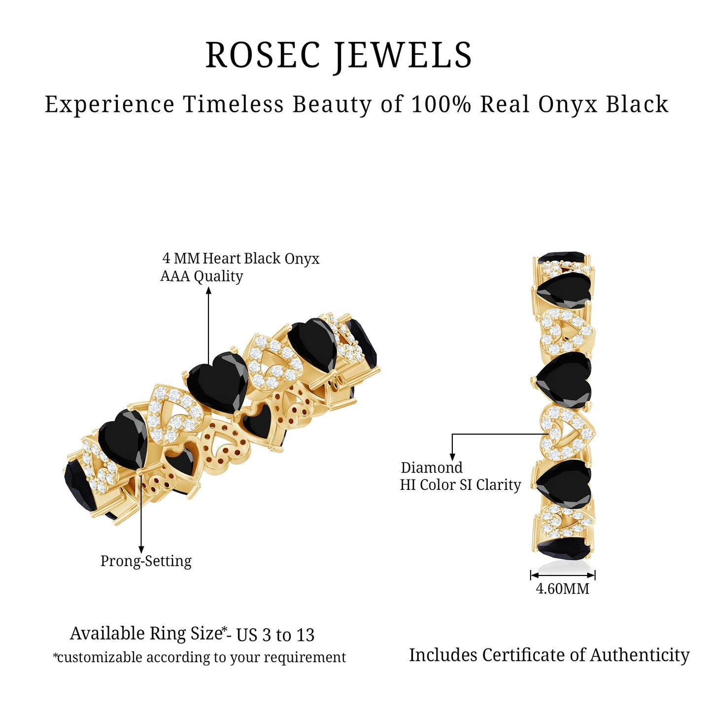 Genuine Black Onyx and Diamond Heart Wedding Band
