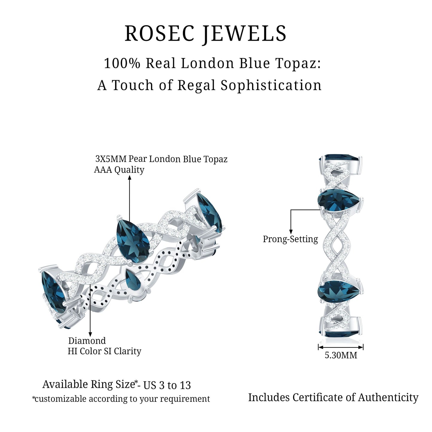 Pear Shape London Blue Topaz Crossover Eternity Band with Diamond