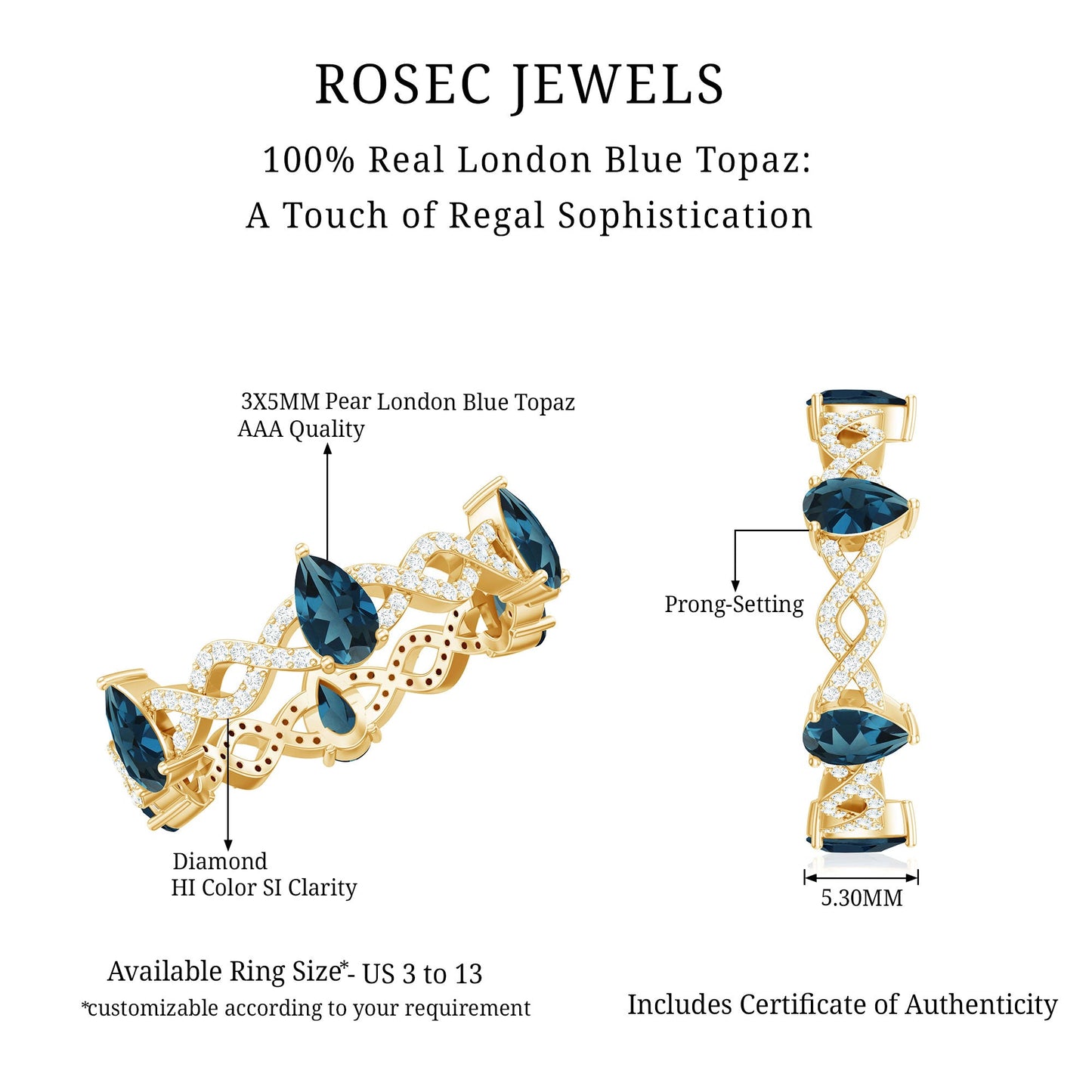 Pear Shape London Blue Topaz Crossover Eternity Band with Diamond