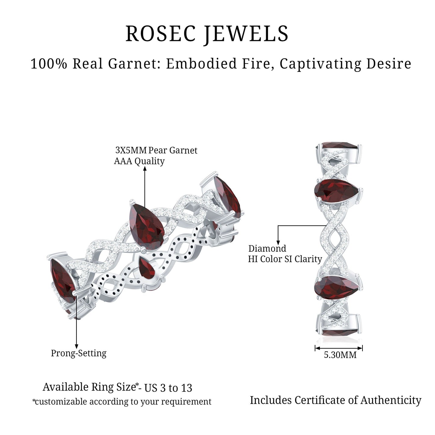 Natural Pear Shape Garnet Diamond Eternity Ring with Crossover Shank