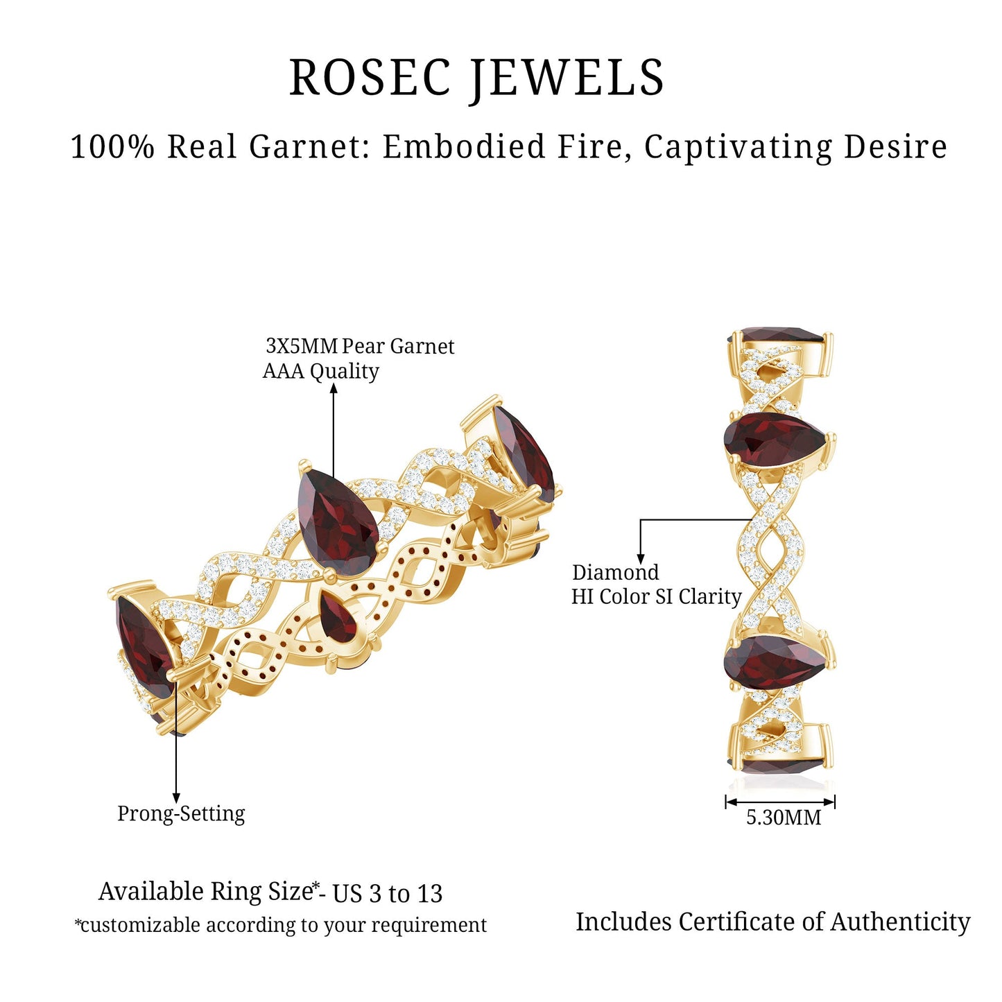 Natural Pear Shape Garnet Diamond Eternity Ring with Crossover Shank
