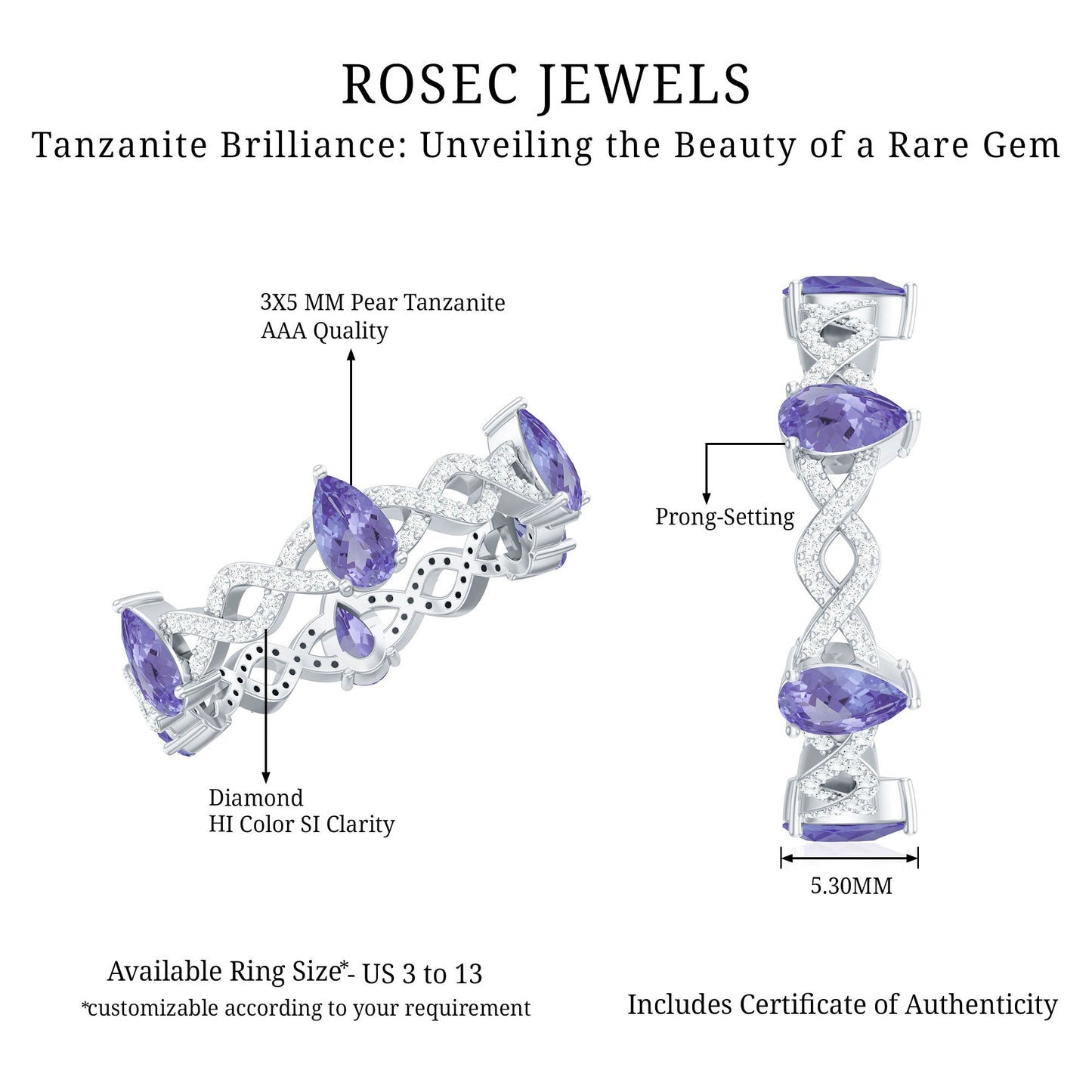 Natural Pear Shape Tanzanite Diamond Eternity Ring with Crossover Shank