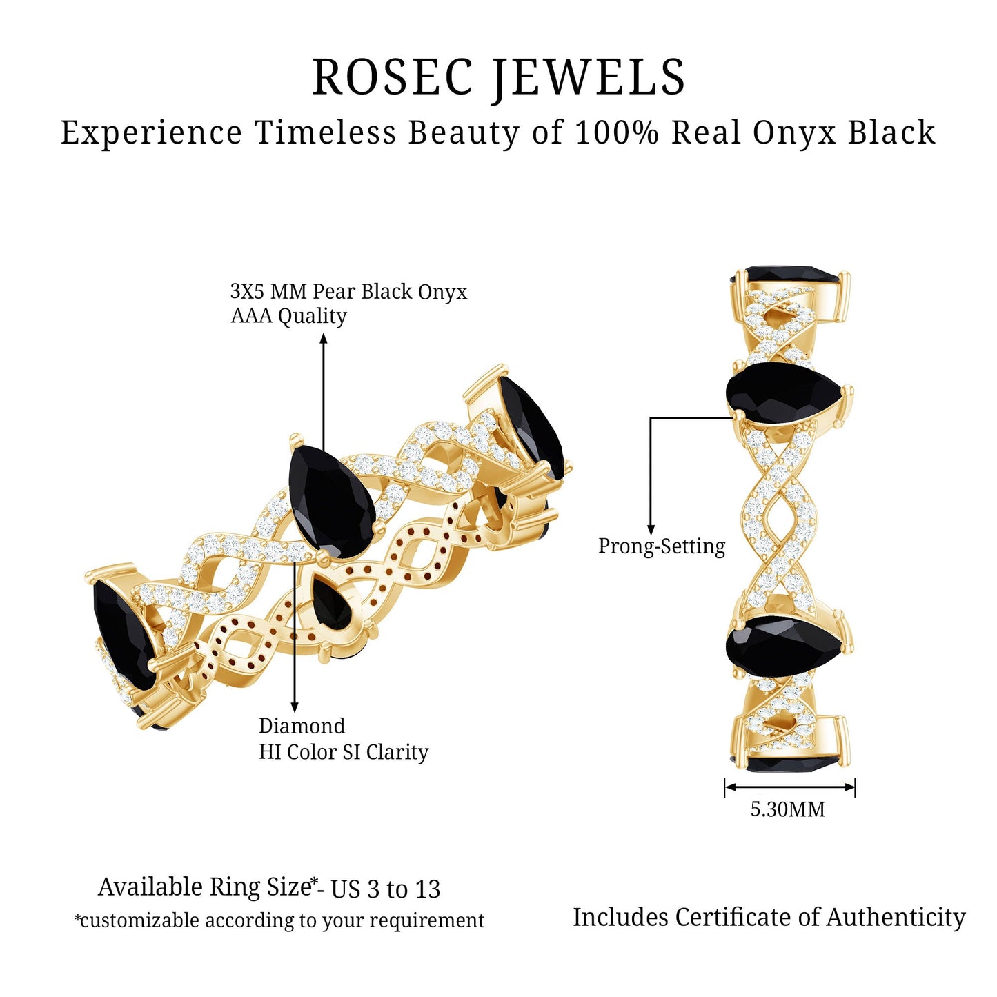 Pear Shaped Black Onyx and Diamond Crossover Wedding Band