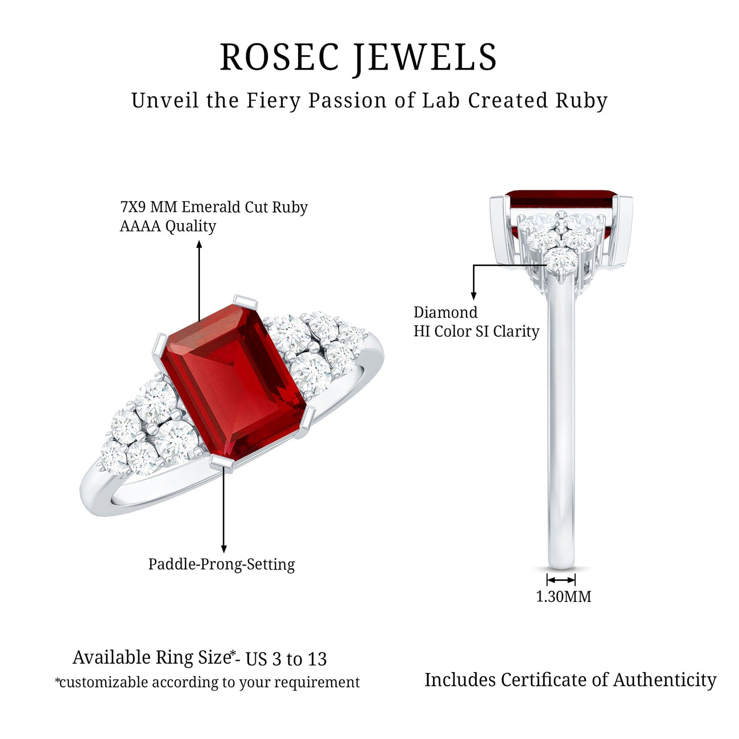 Certified 2.2 Carat Lab Grown Ruby Emerald Cut Engagement Ring with Real Diamond