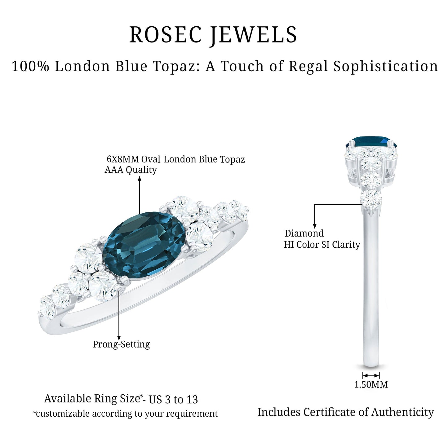 1 Carat Oval Cut London Blue Topaz Promise Ring with Diamond