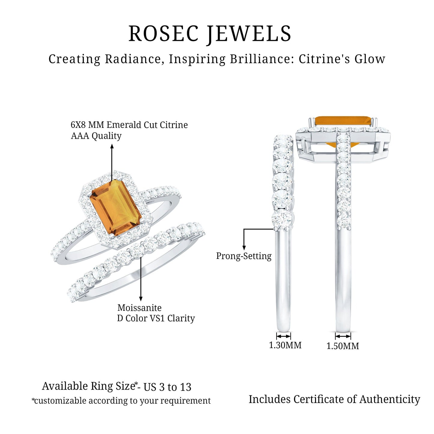 Emerald Cut Citrine Halo Engagement Ring with Moissanite Wedding Band