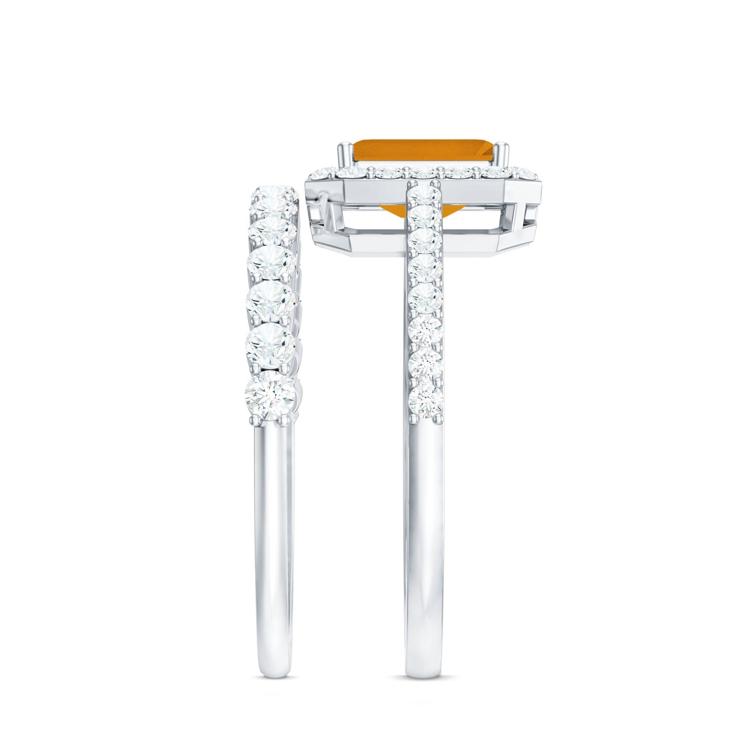 Emerald Cut Citrine Halo Engagement Ring with Moissanite Wedding Band