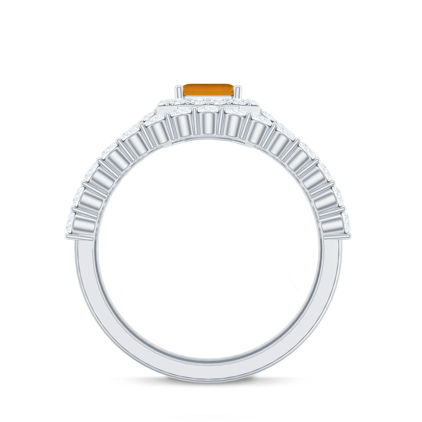 Emerald Cut Citrine Halo Engagement Ring with Moissanite Wedding Band