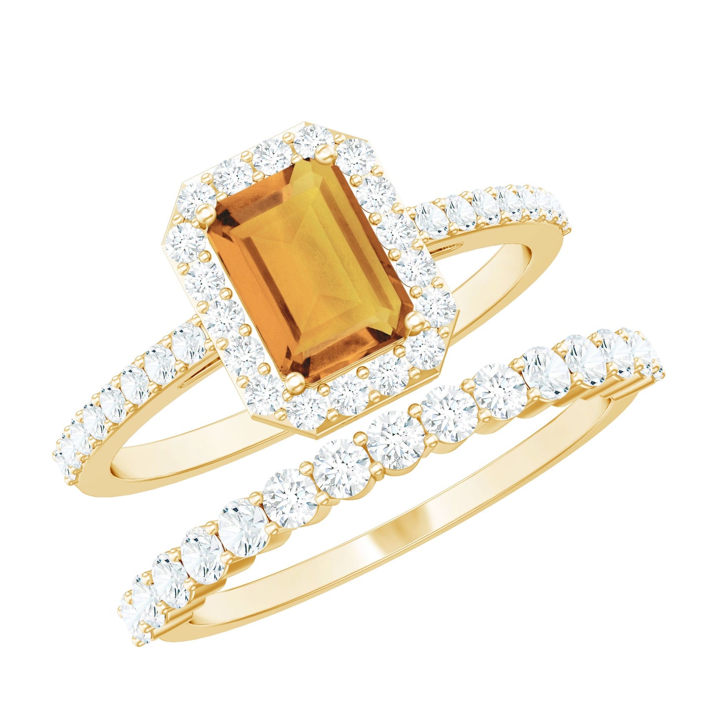 Emerald Cut Citrine Halo Engagement Ring with Moissanite Wedding Band
