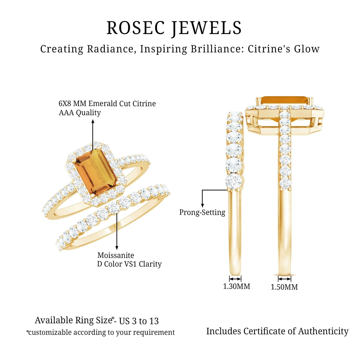 Emerald Cut Citrine Halo Engagement Ring with Moissanite Wedding Band