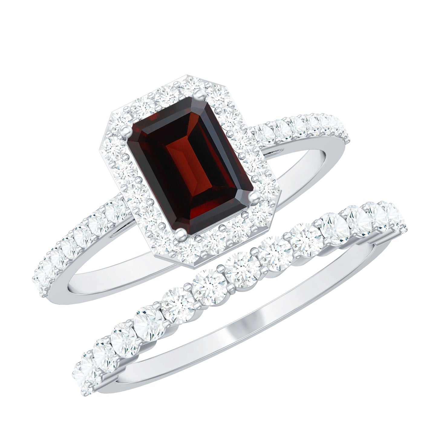 Genuine 2 Carat Emerald Cut Garnet Moissanite Wedding Ring Set of 2