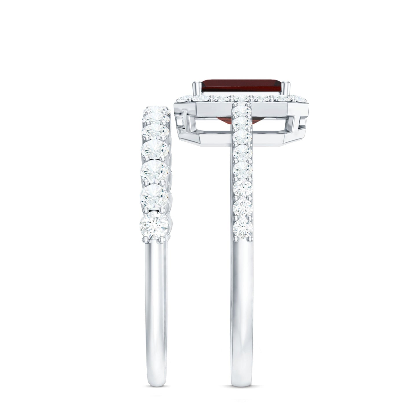 Genuine 2 Carat Emerald Cut Garnet Moissanite Wedding Ring Set of 2