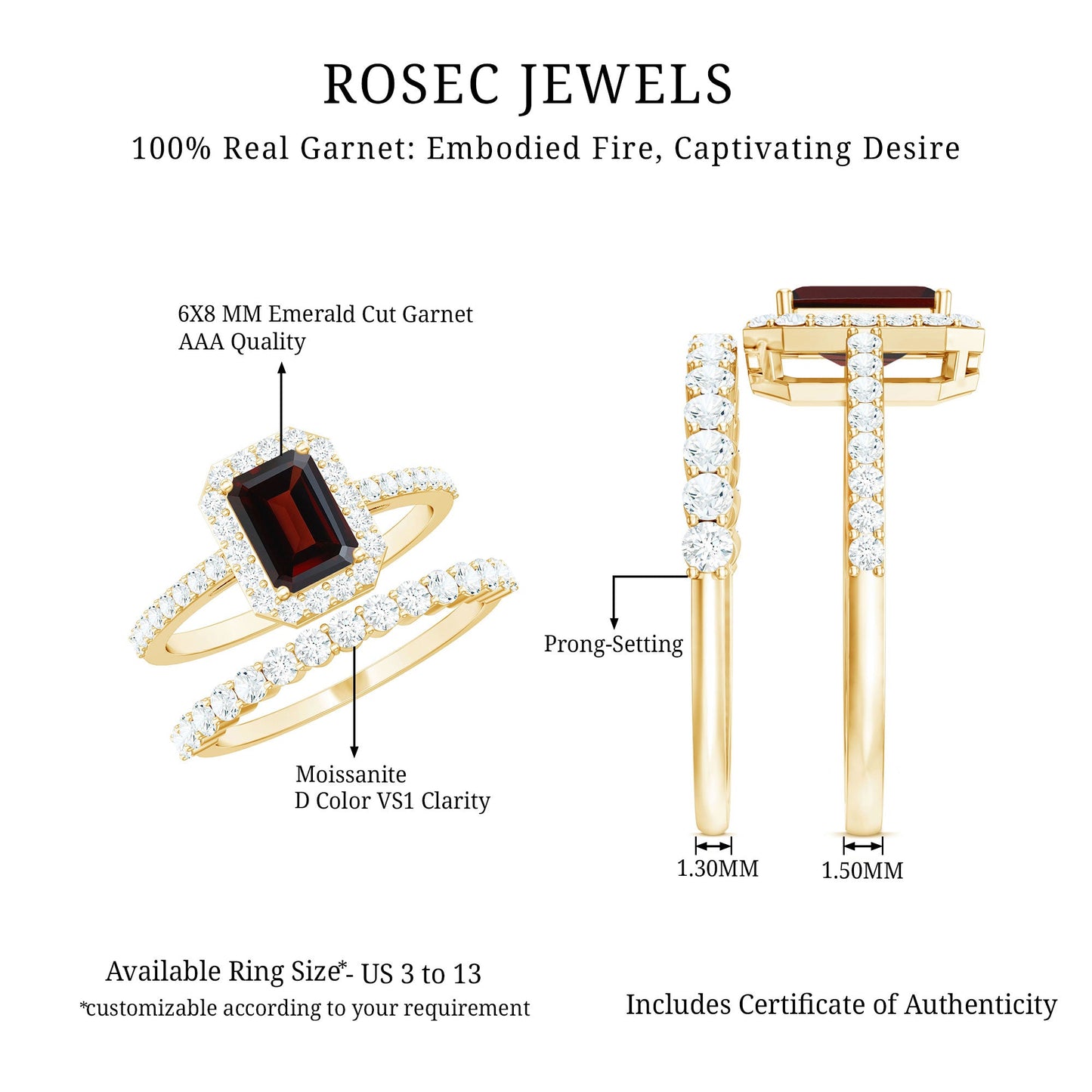 Genuine 2 Carat Emerald Cut Garnet Moissanite Wedding Ring Set of 2