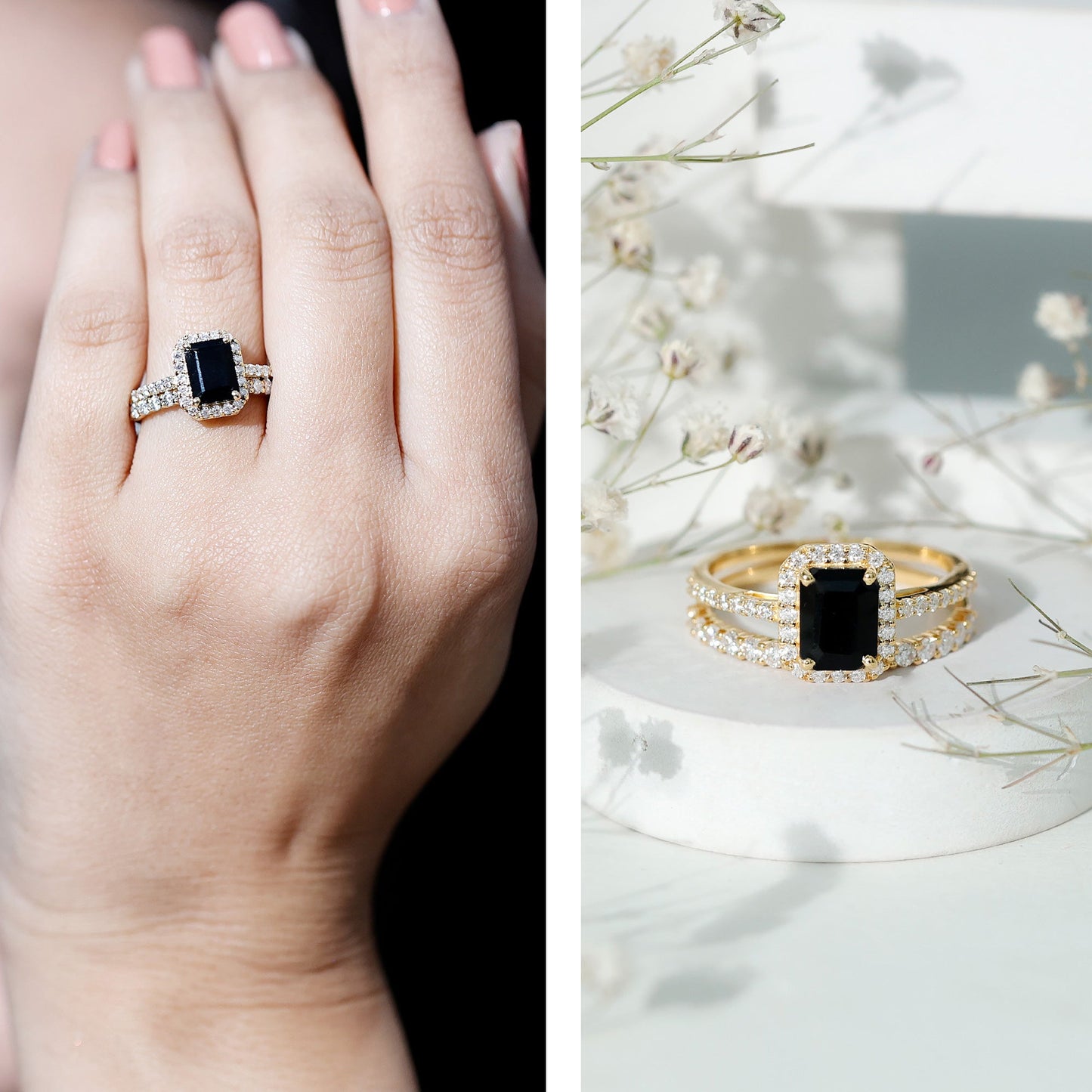 Emerald Cut Black Onyx Wedding Ring Set with Moissanite
