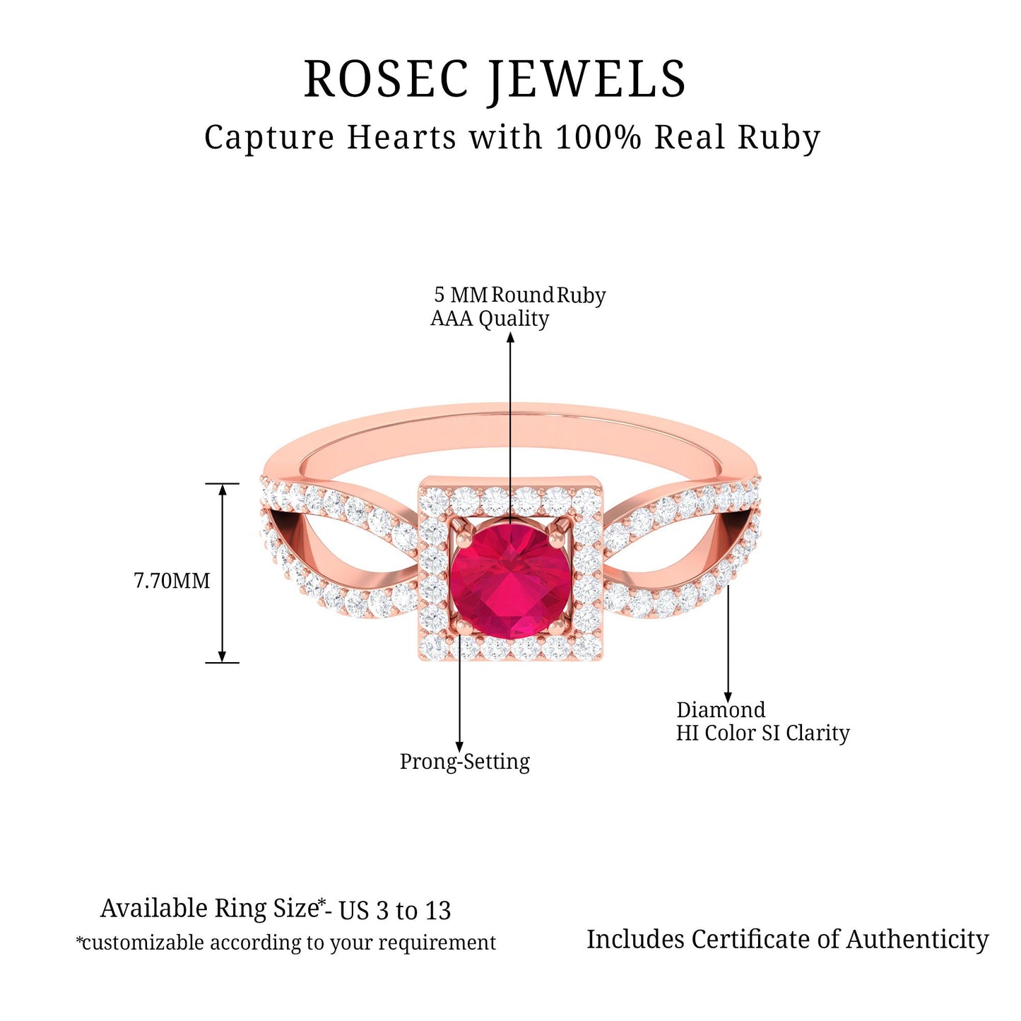 Real 0.6 Carat Ruby Engagement Ring with Diamond Split Shank