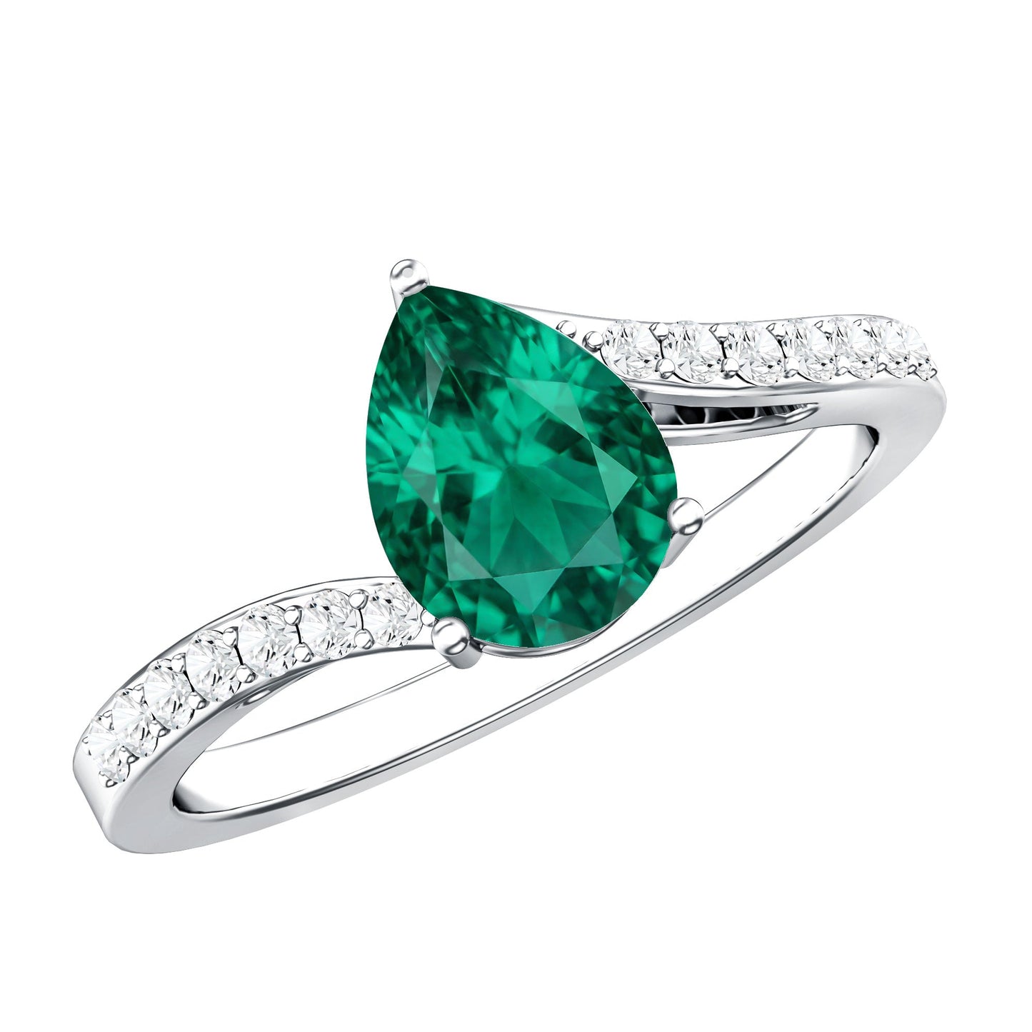 Classic Lab Grown Emerald Diamond Teardrop Engagement Ring with Bypass Shank