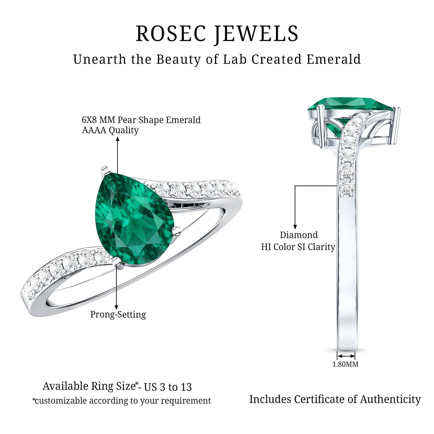 Classic Lab Grown Emerald Diamond Teardrop Engagement Ring with Bypass Shank