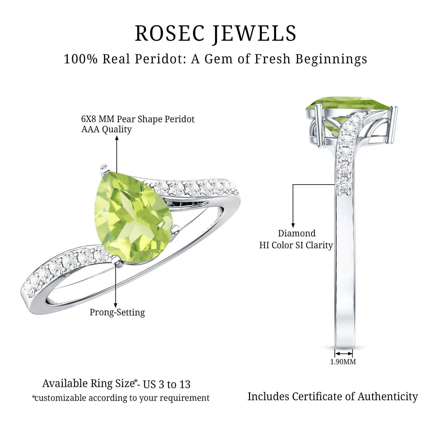 1 Carat Pear Shaped Peridot Engagement Ring with Diamond Bypass Shank