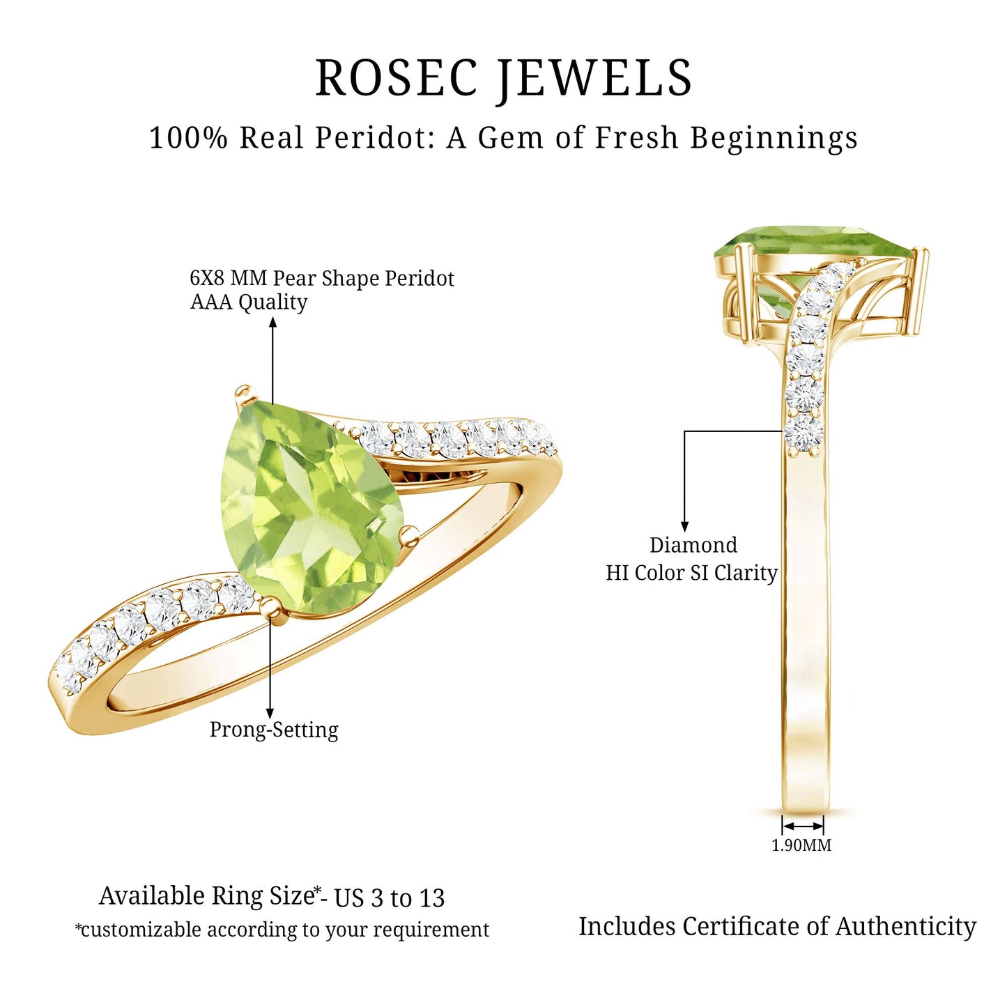 1 Carat Pear Shaped Peridot Engagement Ring with Diamond Bypass Shank