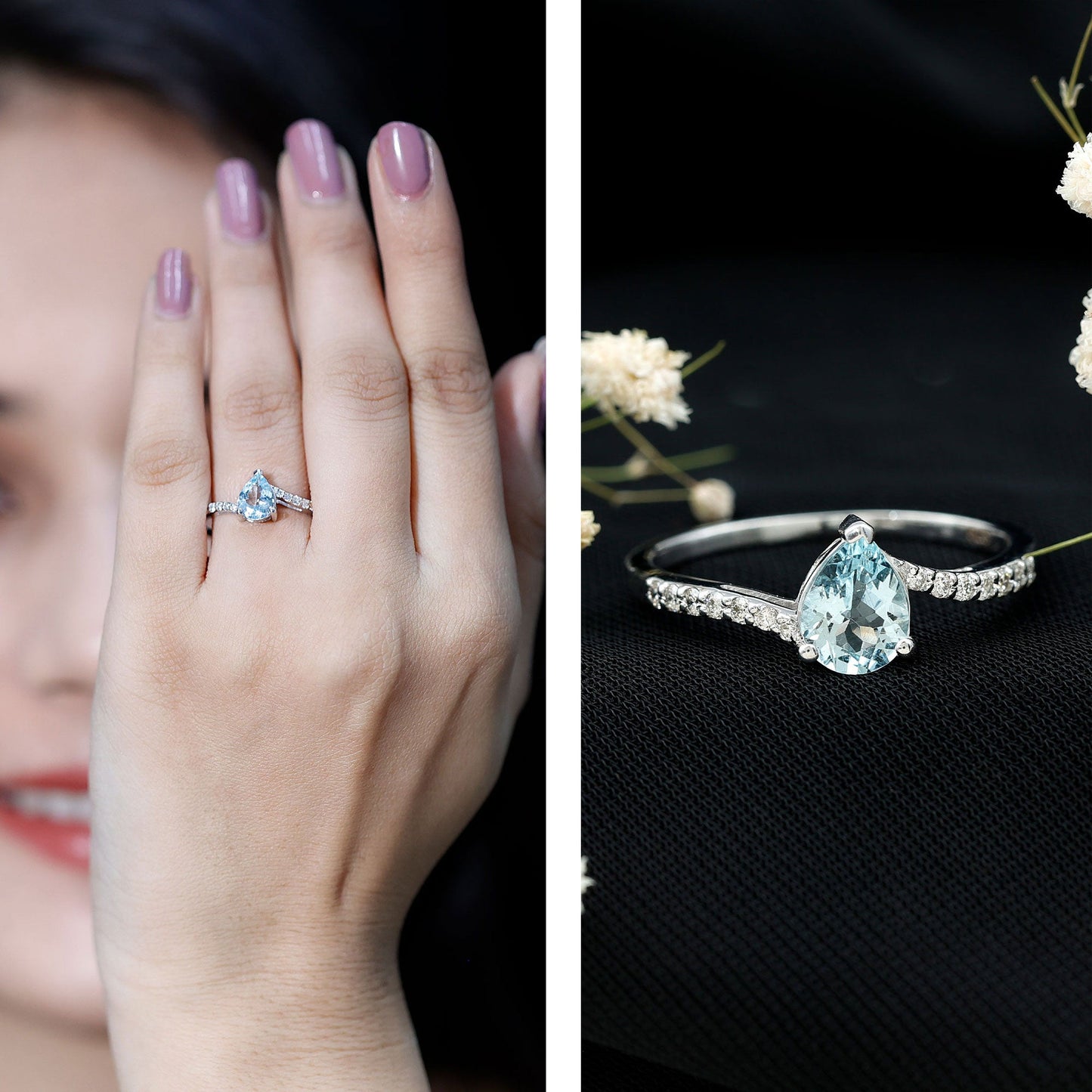 Pear Cut Aquamarine Teardrop Engagement Ring with Diamond