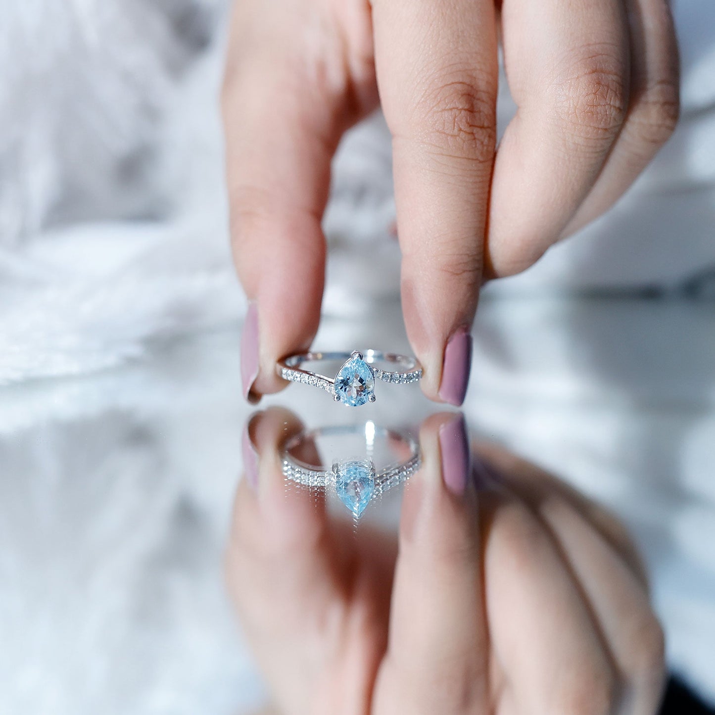 Pear Cut Aquamarine Teardrop Engagement Ring with Diamond