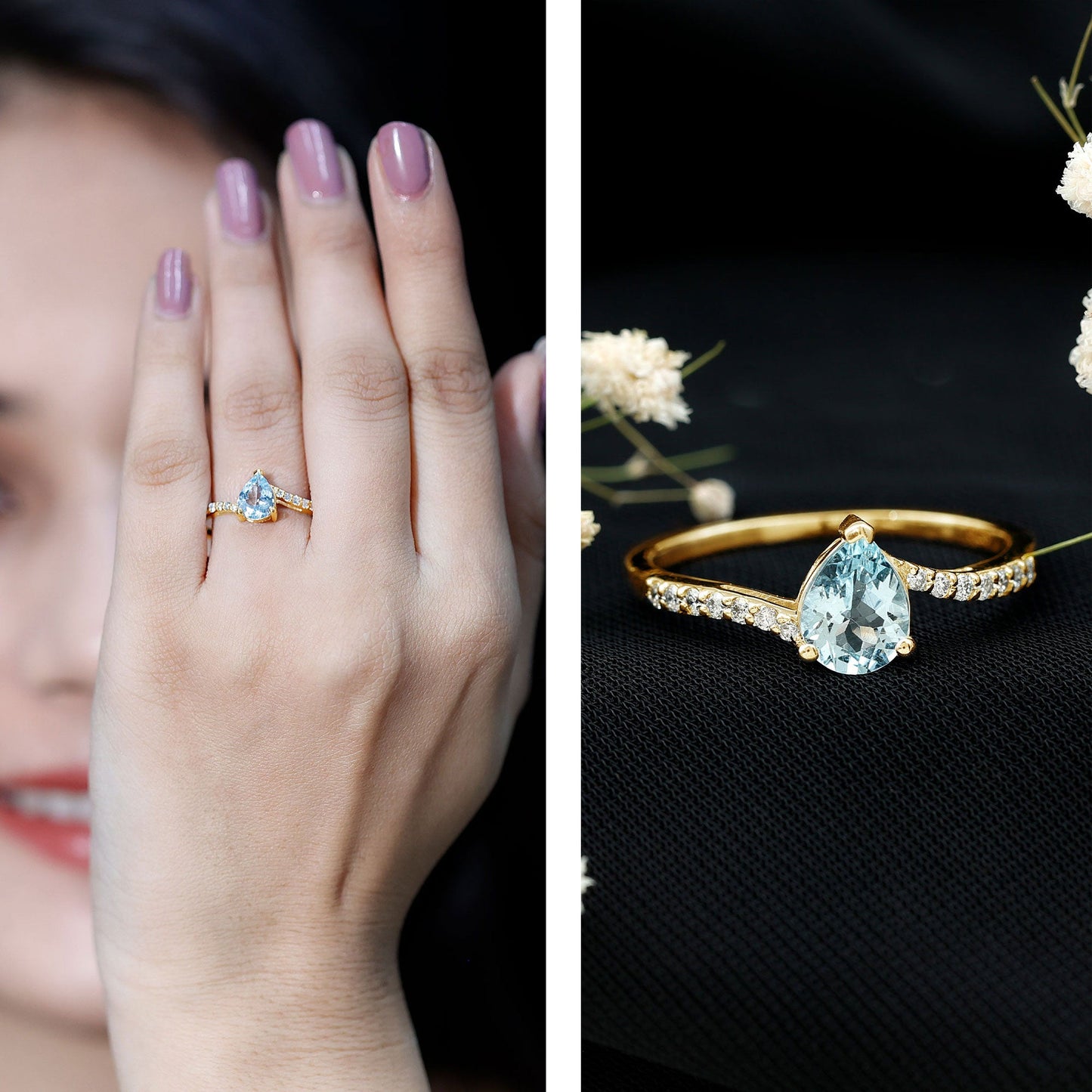 Pear Cut Aquamarine Teardrop Engagement Ring with Diamond