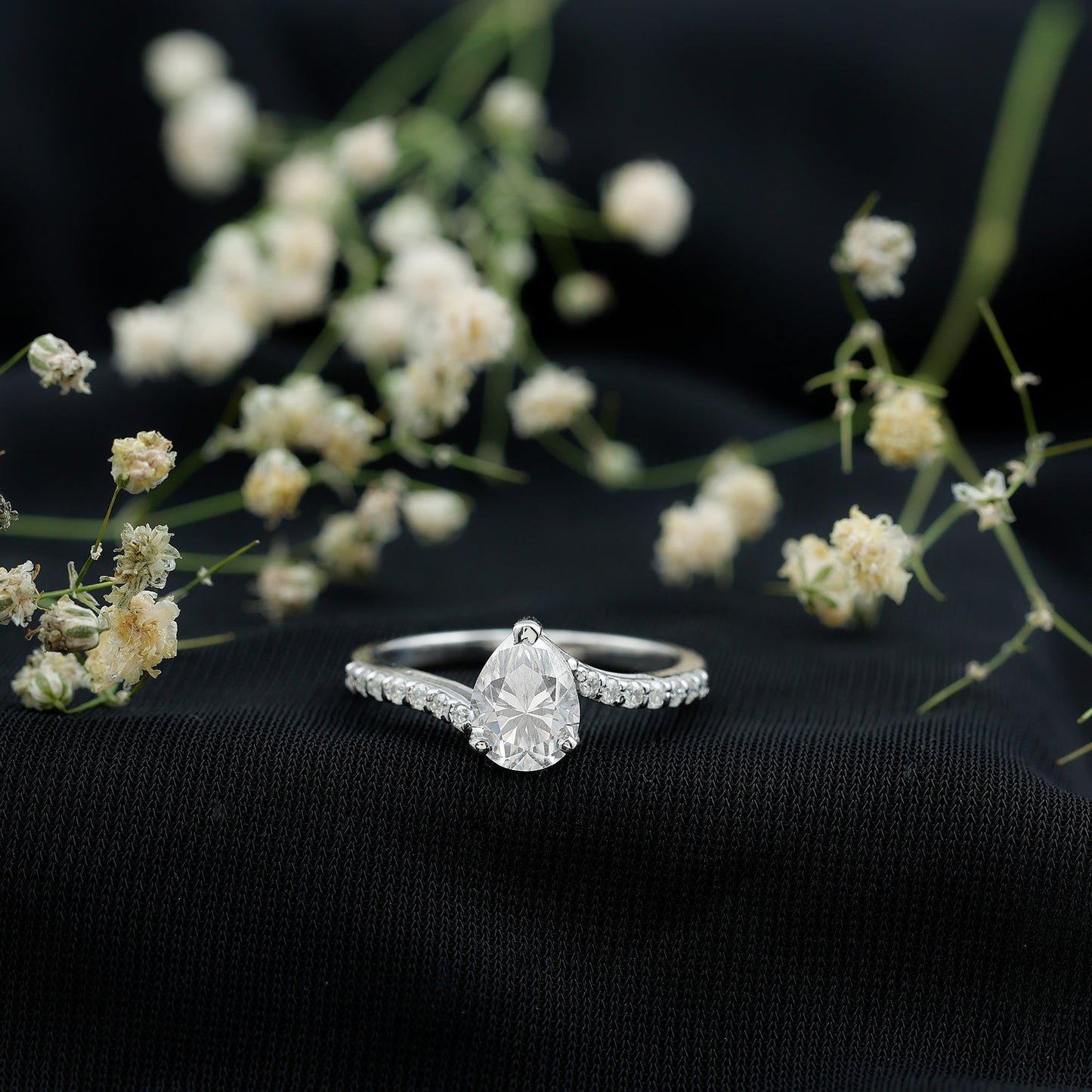 Pear Shape Moissanite Solitaire Bypass Engagement Ring