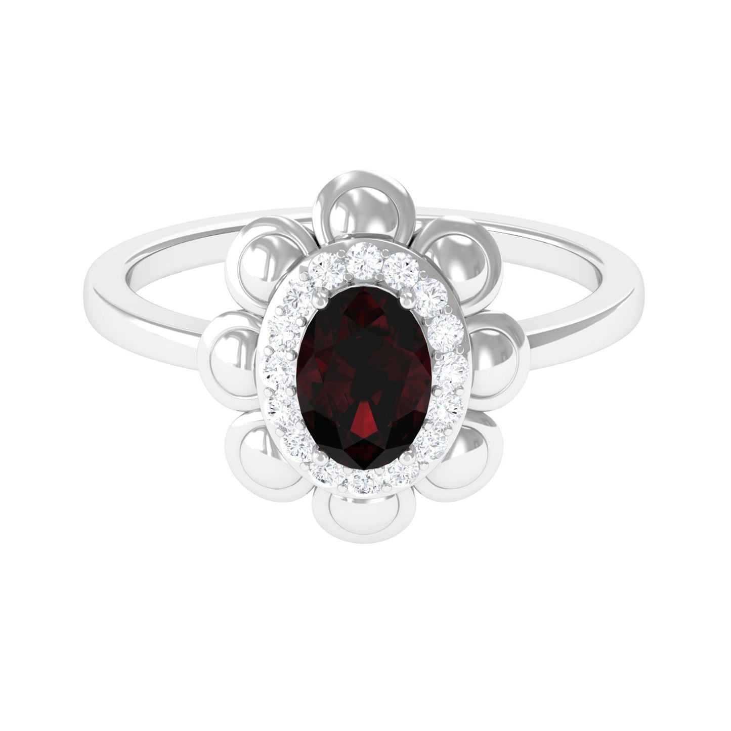 Natural 1.5 Carat Oval Garnet Flower Engagement Ring with Diamond