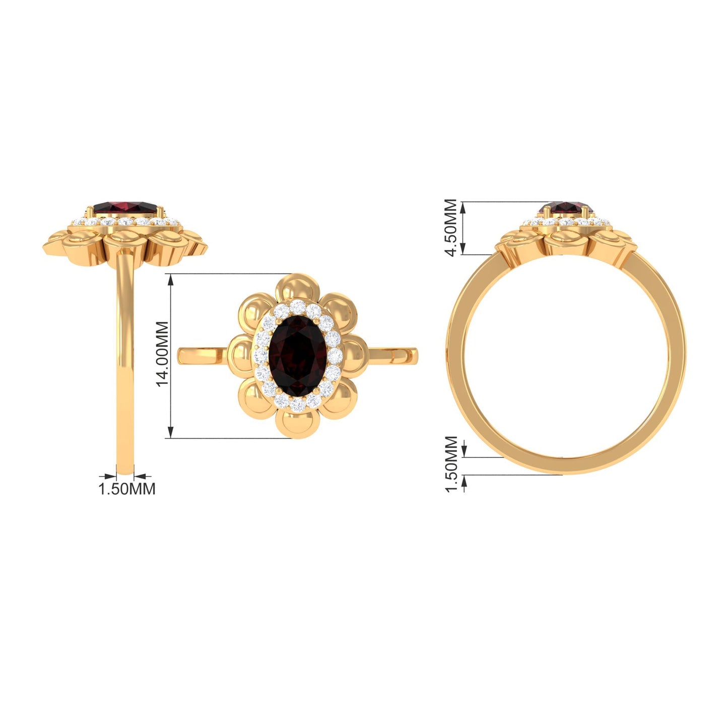 Natural 1.5 Carat Oval Garnet Flower Engagement Ring with Diamond