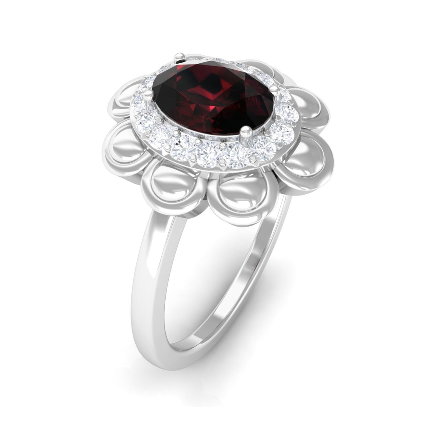Natural 1.5 Carat Oval Garnet Flower Engagement Ring with Diamond