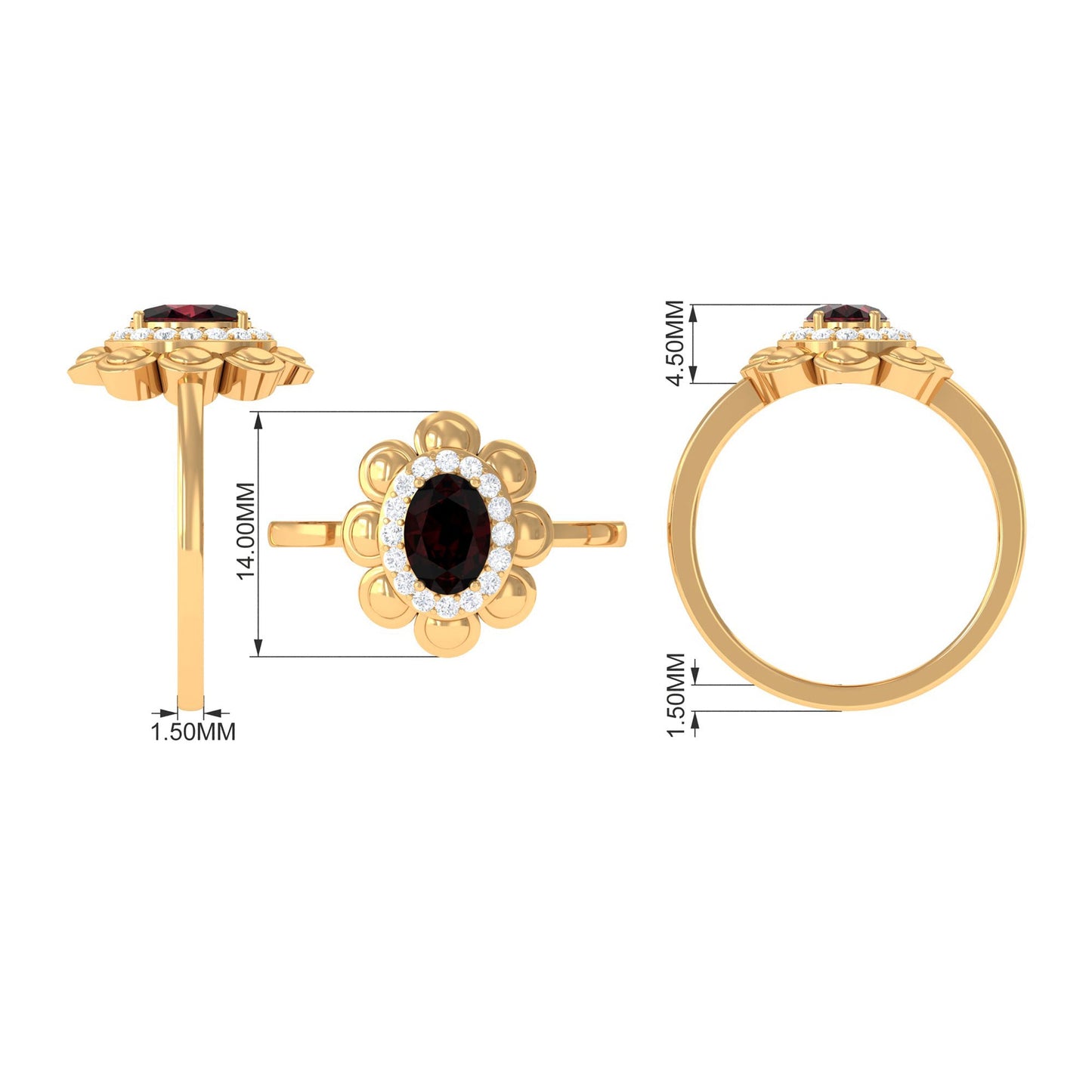 Natural 1.5 Carat Oval Garnet Flower Engagement Ring with Diamond