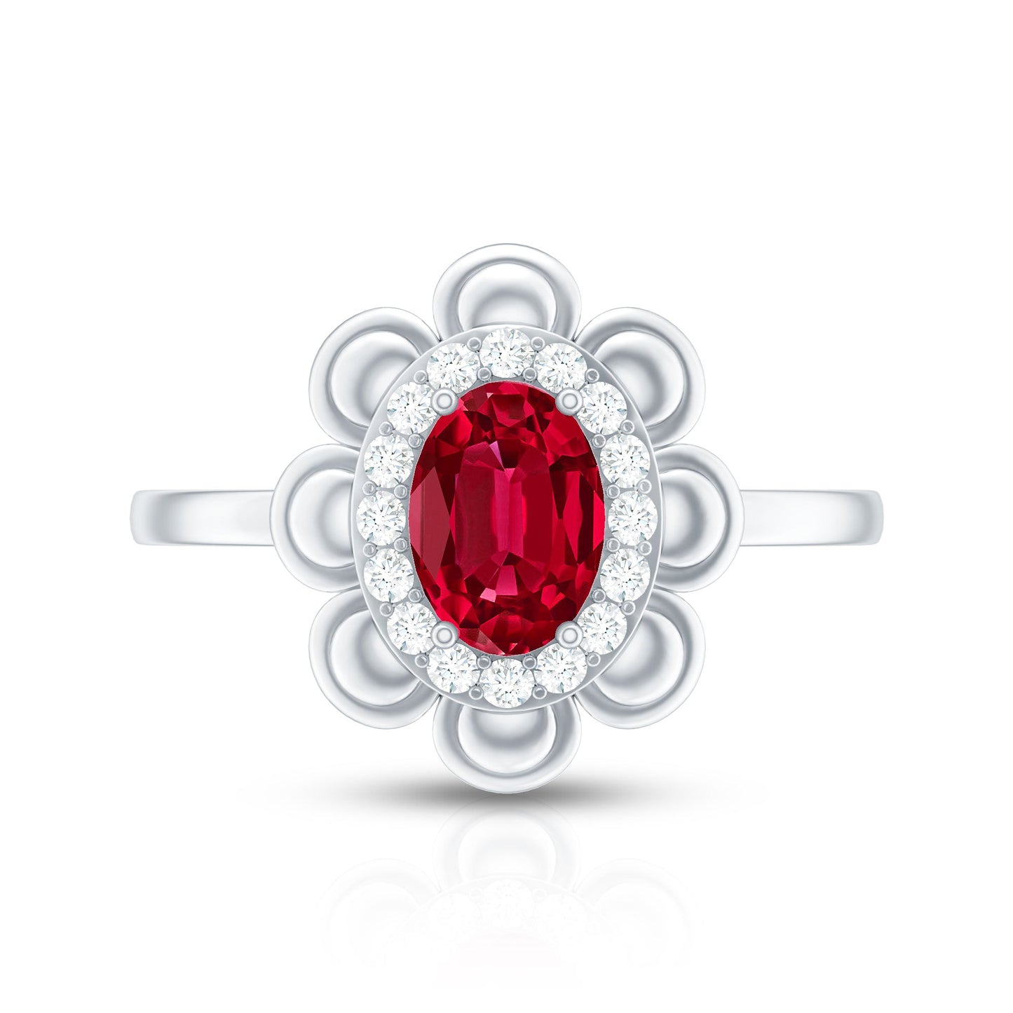 Certified 1.5 Carat Lab Grown Ruby Flower Engagement Ring with Diamond