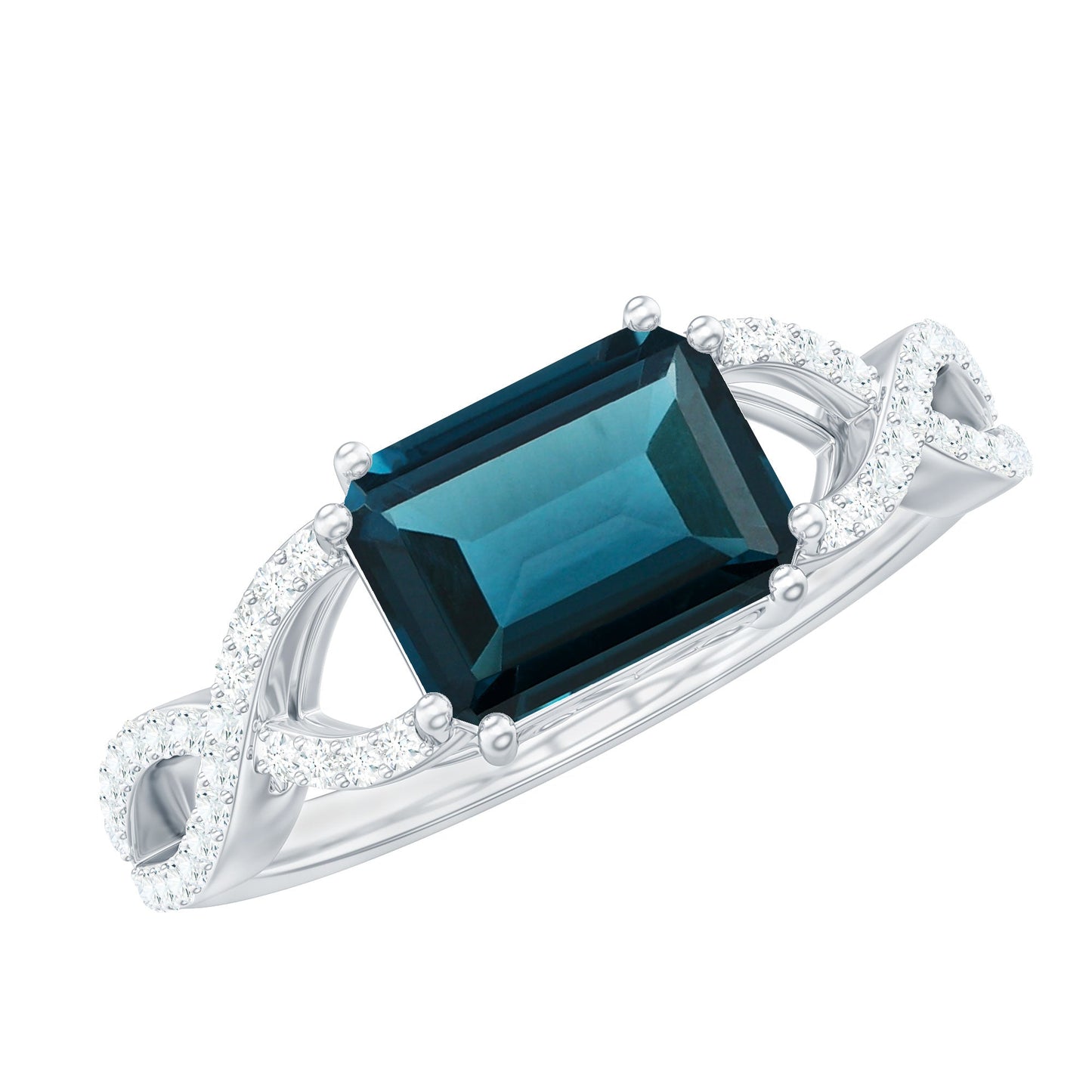 2.2 Carat Emerald Cut London Blue Topaz East West Engagement Ring with Diamond